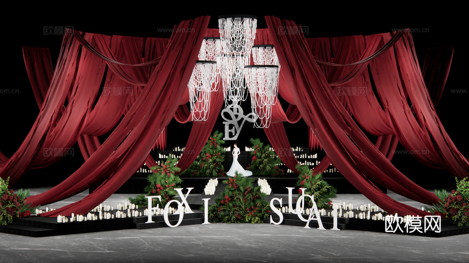秀场风红色布幔吊顶婚礼设计su模型