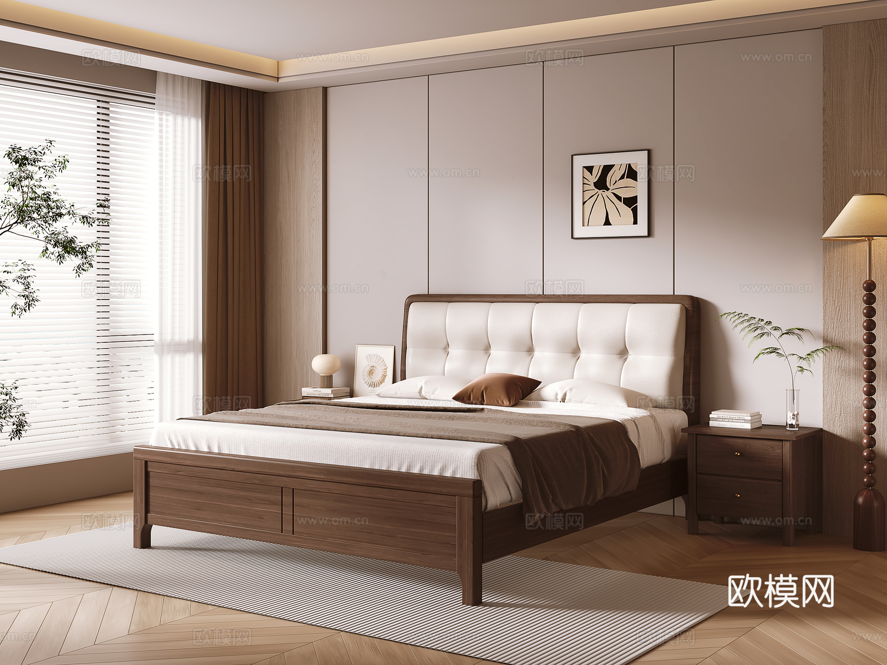 新中式实木双人床3d模型下载