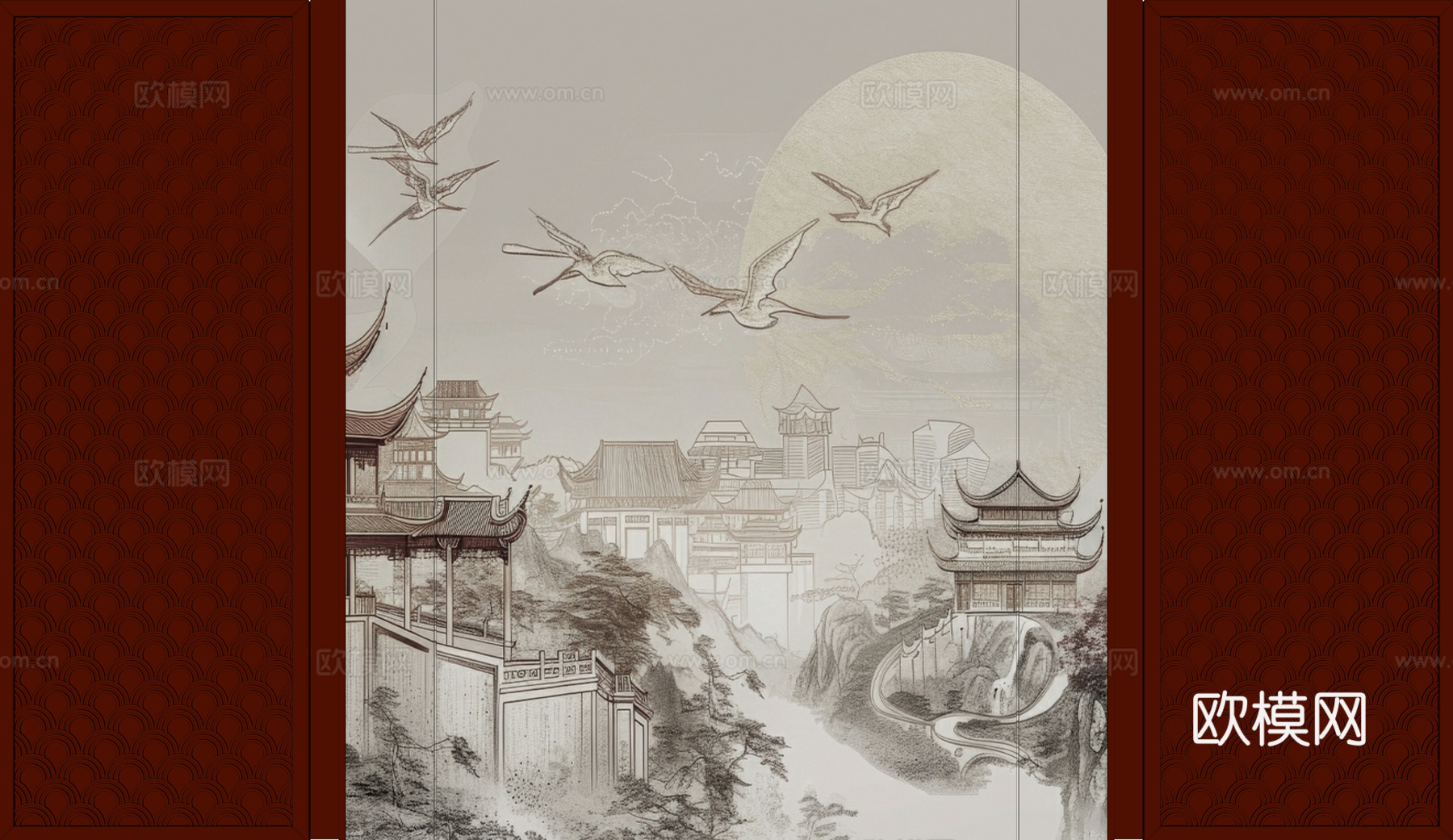 中式背景墙su模型下载（渲染图2）