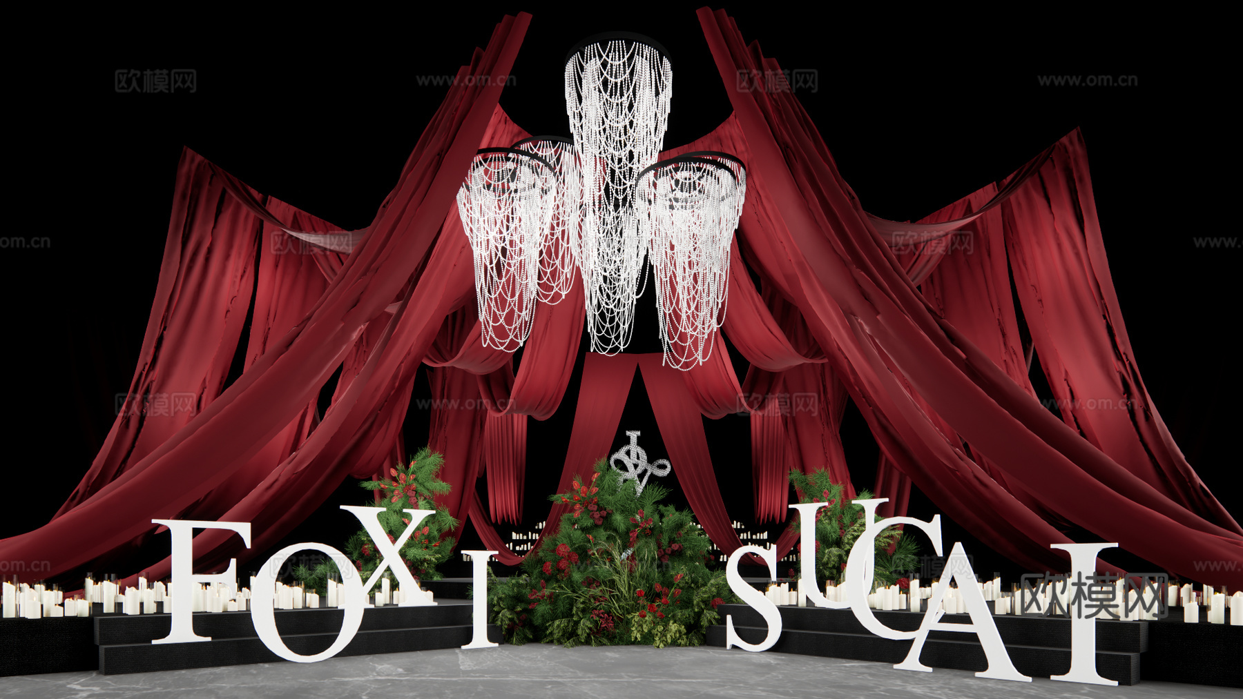 秀场风红色布幔吊顶婚礼设计su模型