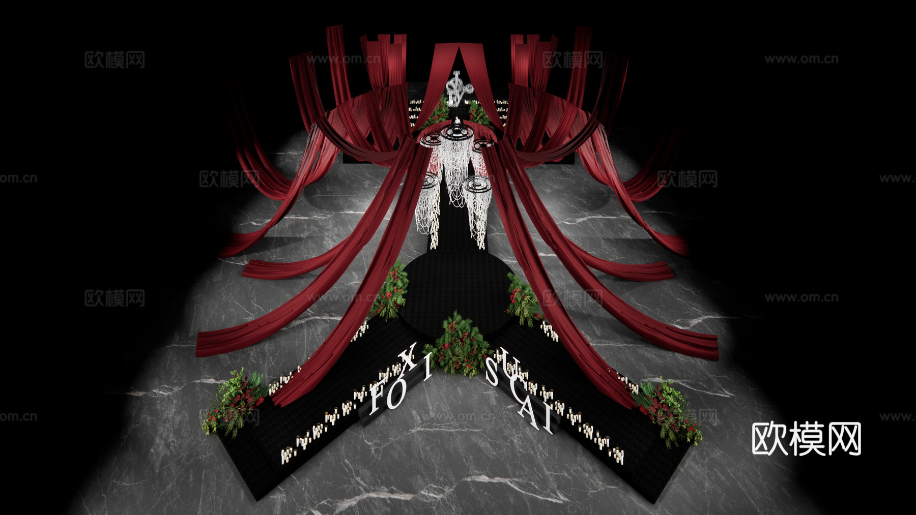 秀场风红色布幔吊顶婚礼设计su模型