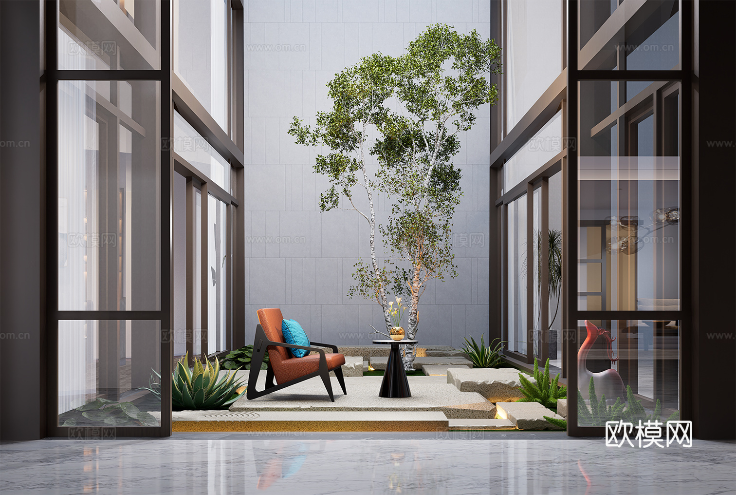 现代庭院花园 天井 室内造景su模型