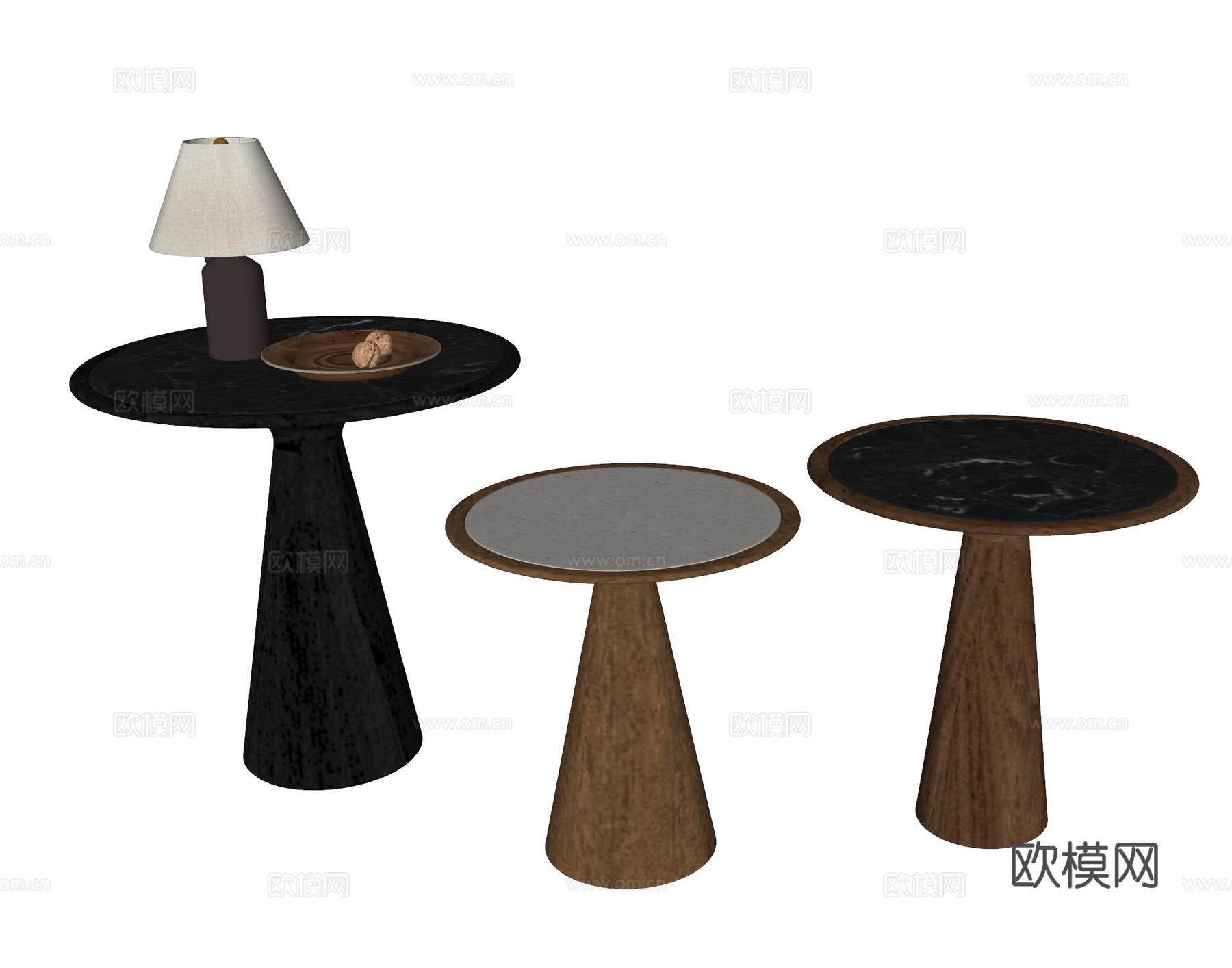 中古风边几组合 岩板边几 圆形边几 实木边几 黑胡桃边几su模型