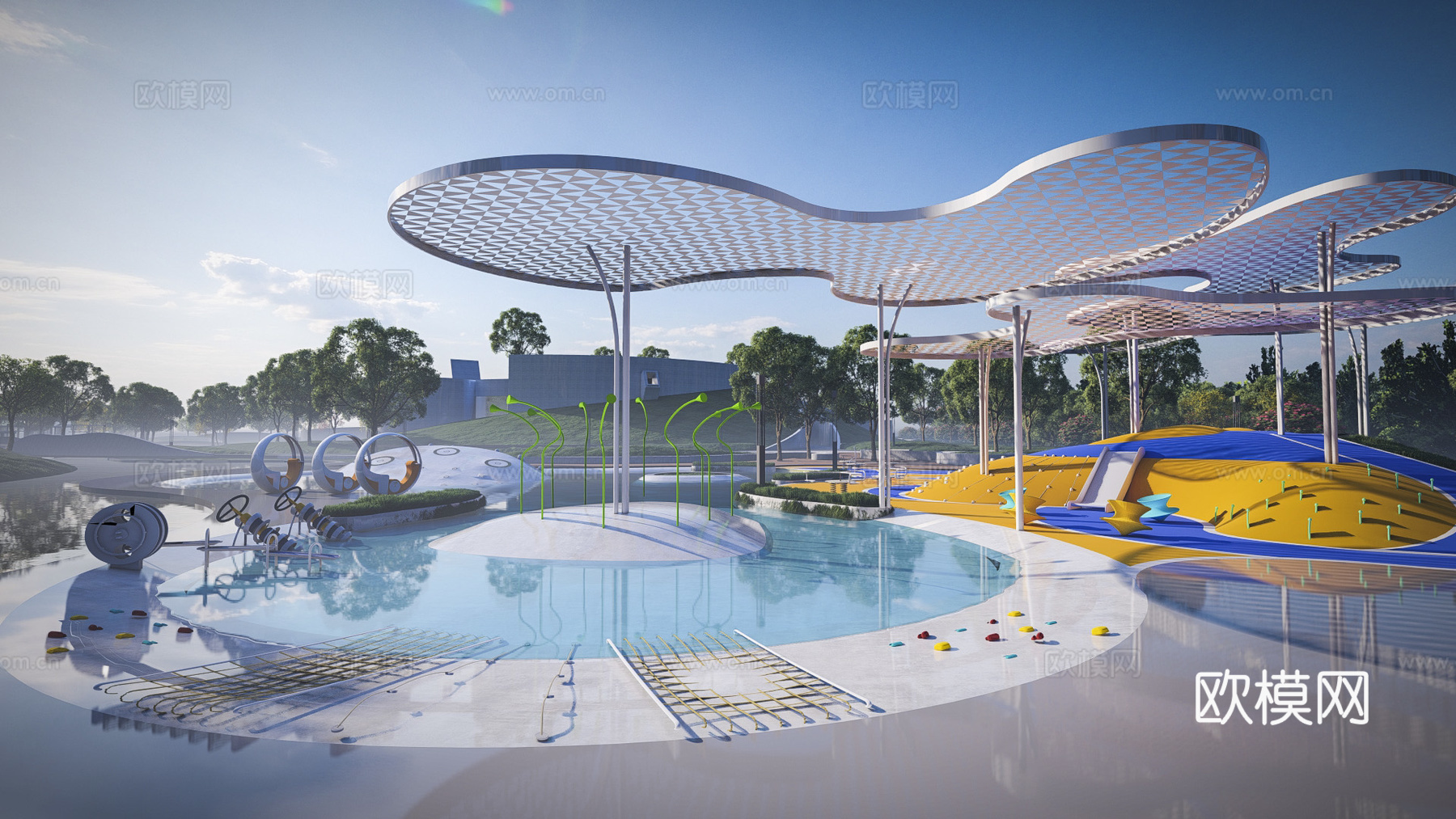 现代滨水景观湿地公园景观免费su模型下载（渲染图2）