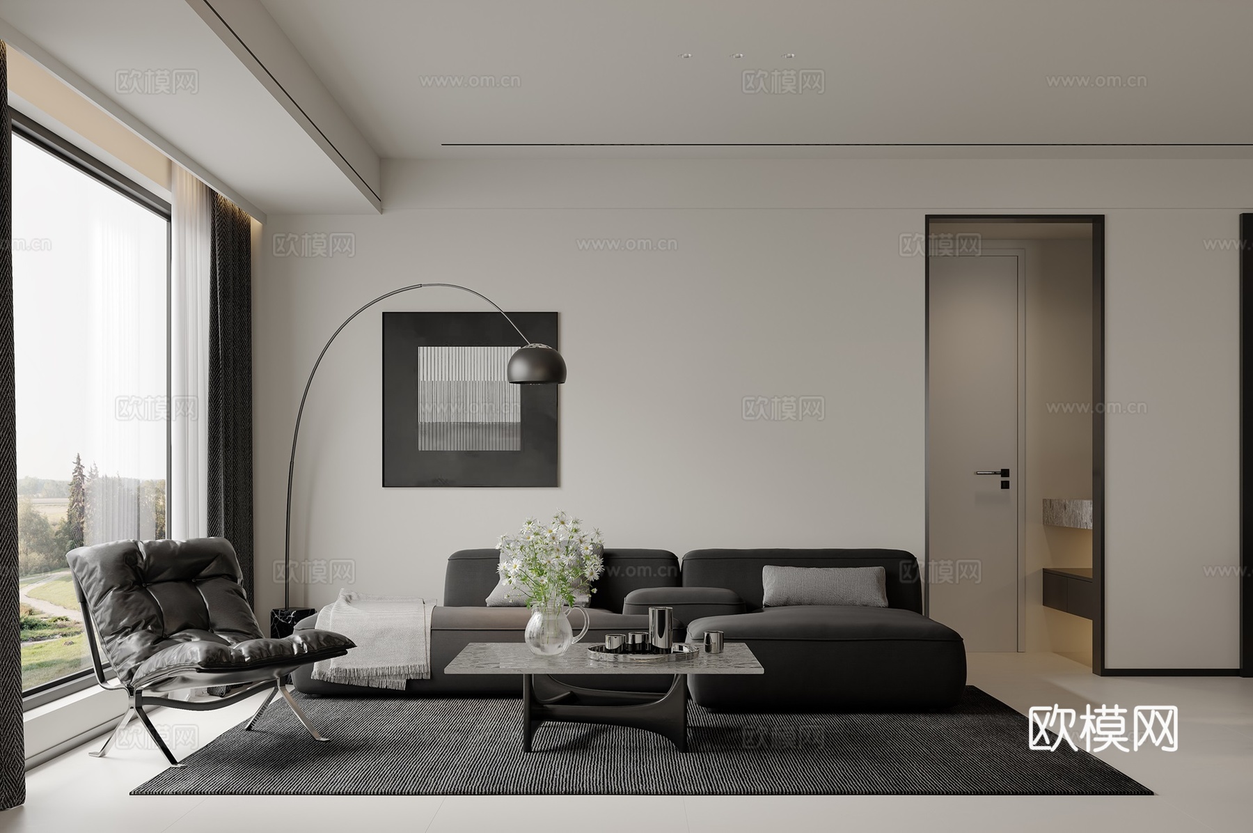 现代黑白灰客餐厅3d模型