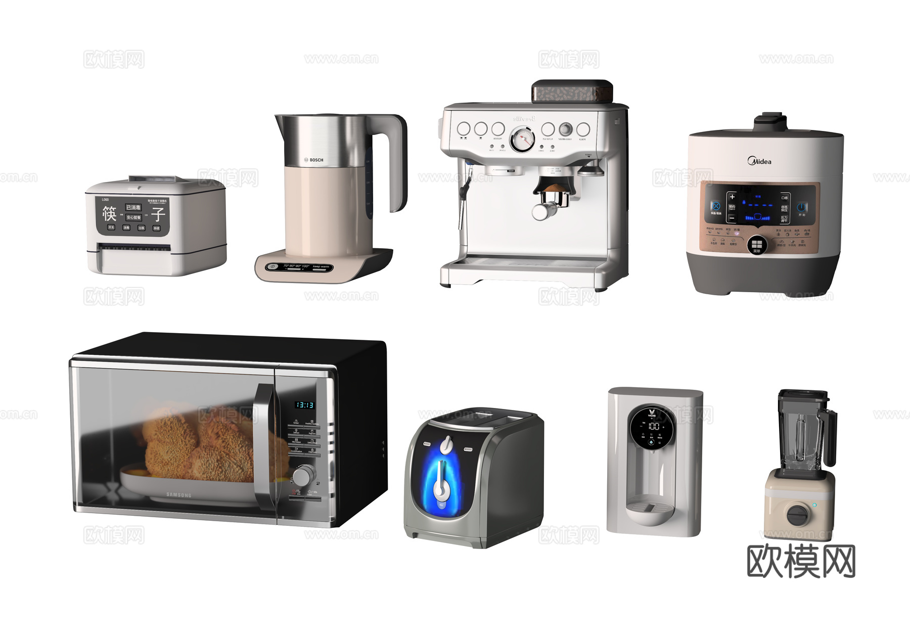 现代厨房电器微波炉电水壶咖啡机3d模型