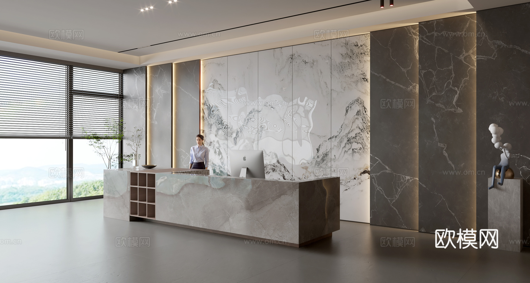 现代公司前台  接待区 吧台  接待台 服务台 公司前台背景su模型下载（渲染图1）