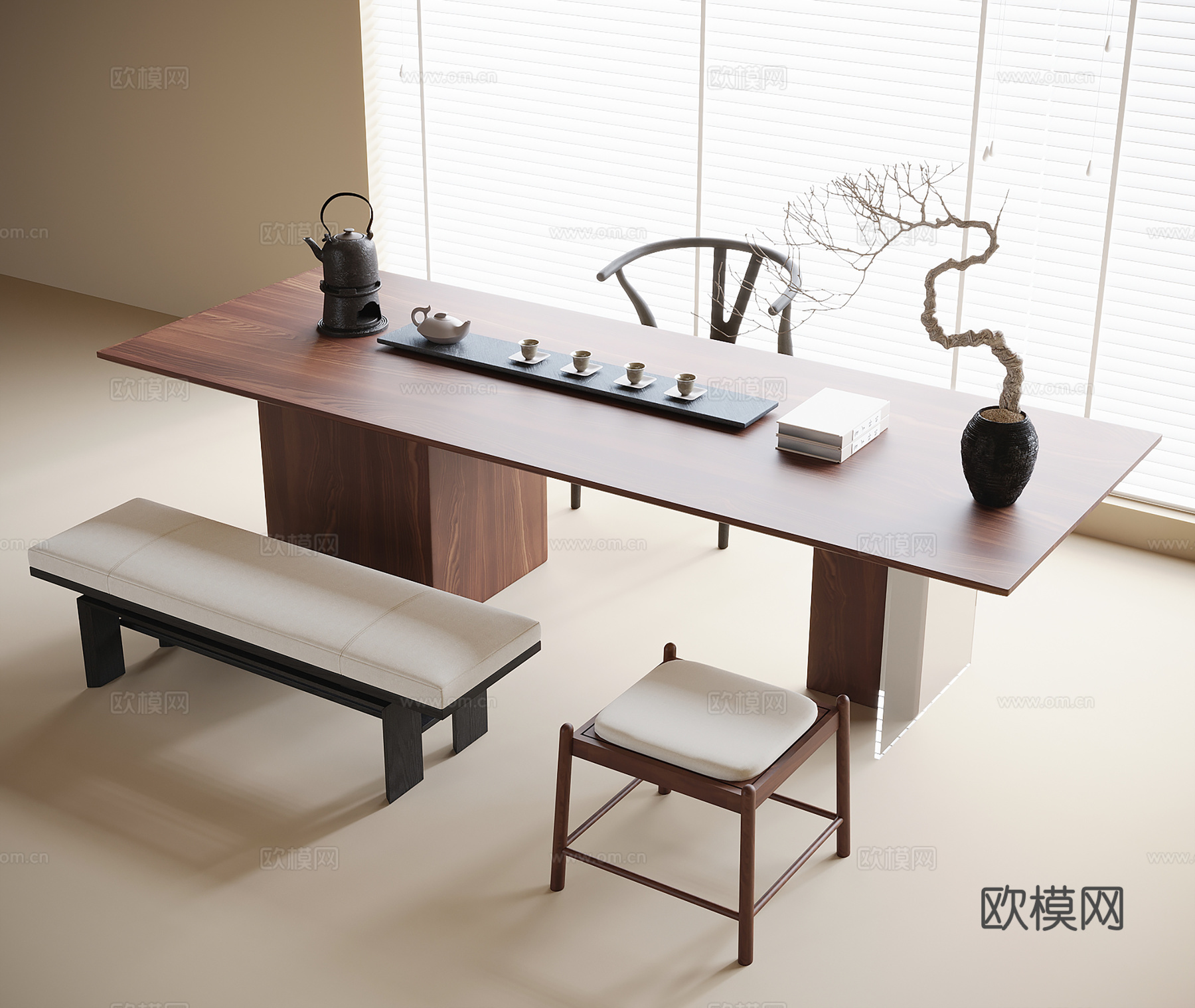 现代茶桌椅组合 长凳 凳子 茶具3d模型