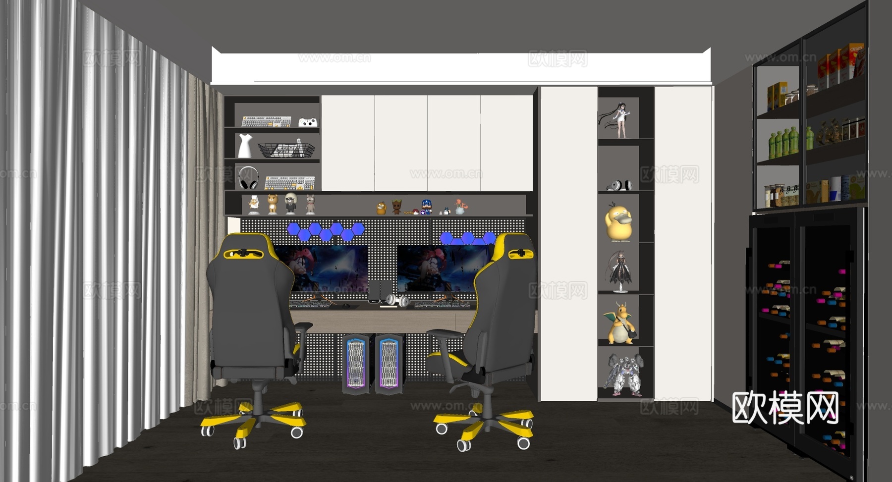 现代电竞房 书房 书柜 零食柜 手办柜su模型下载（渲染图2）