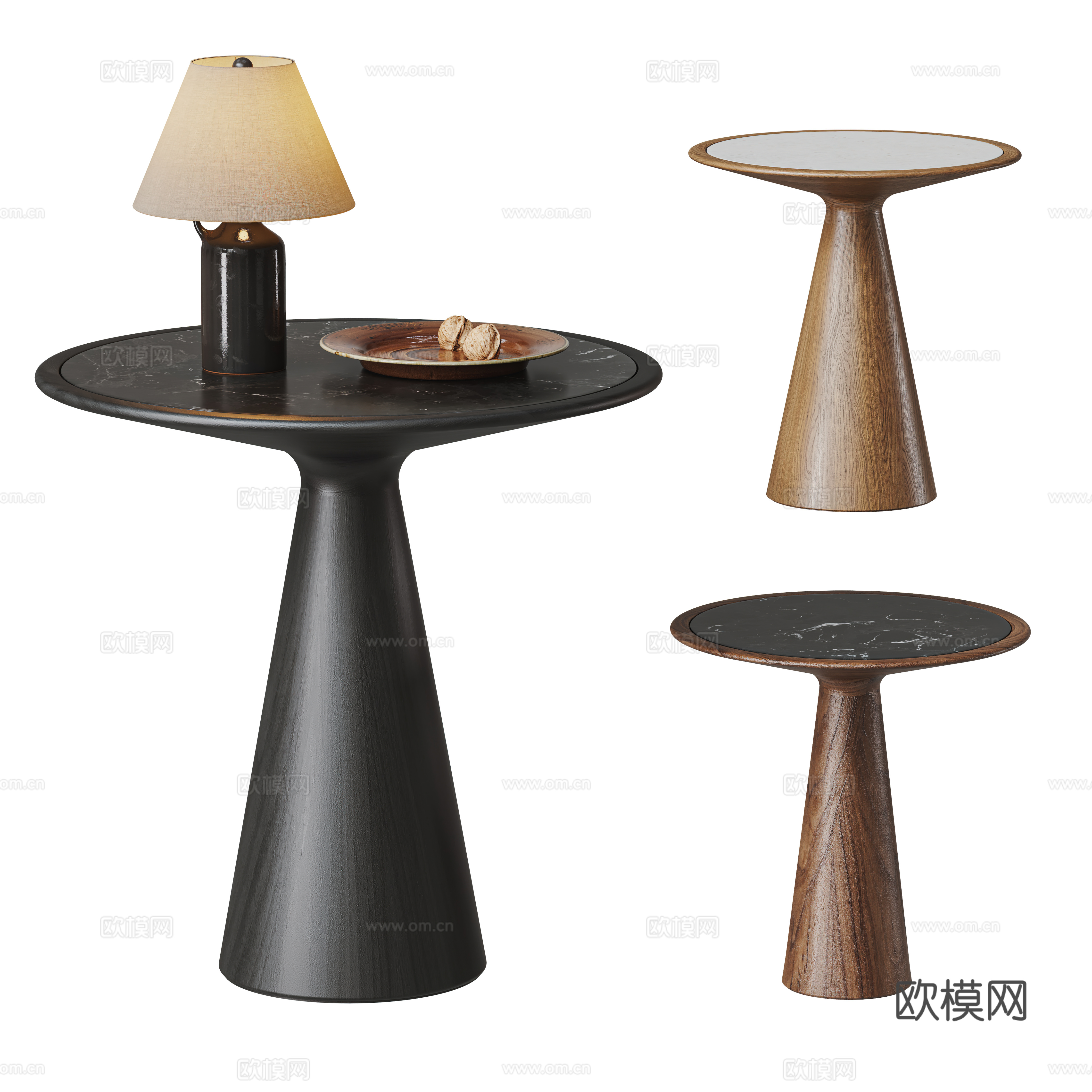 中古风边几组合 岩板边几 圆形边几 实木边几 黑胡桃边几su模型