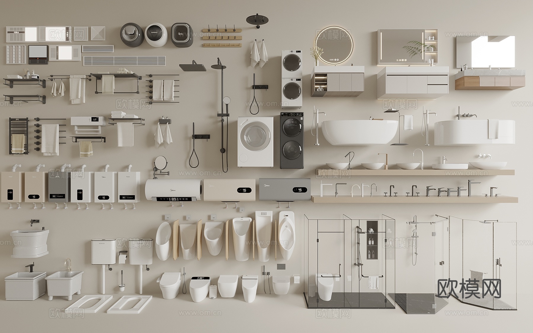 浴室柜 淋浴房 智能马桶 蹲便器 小便斗 热水器 洗手盆3d模型