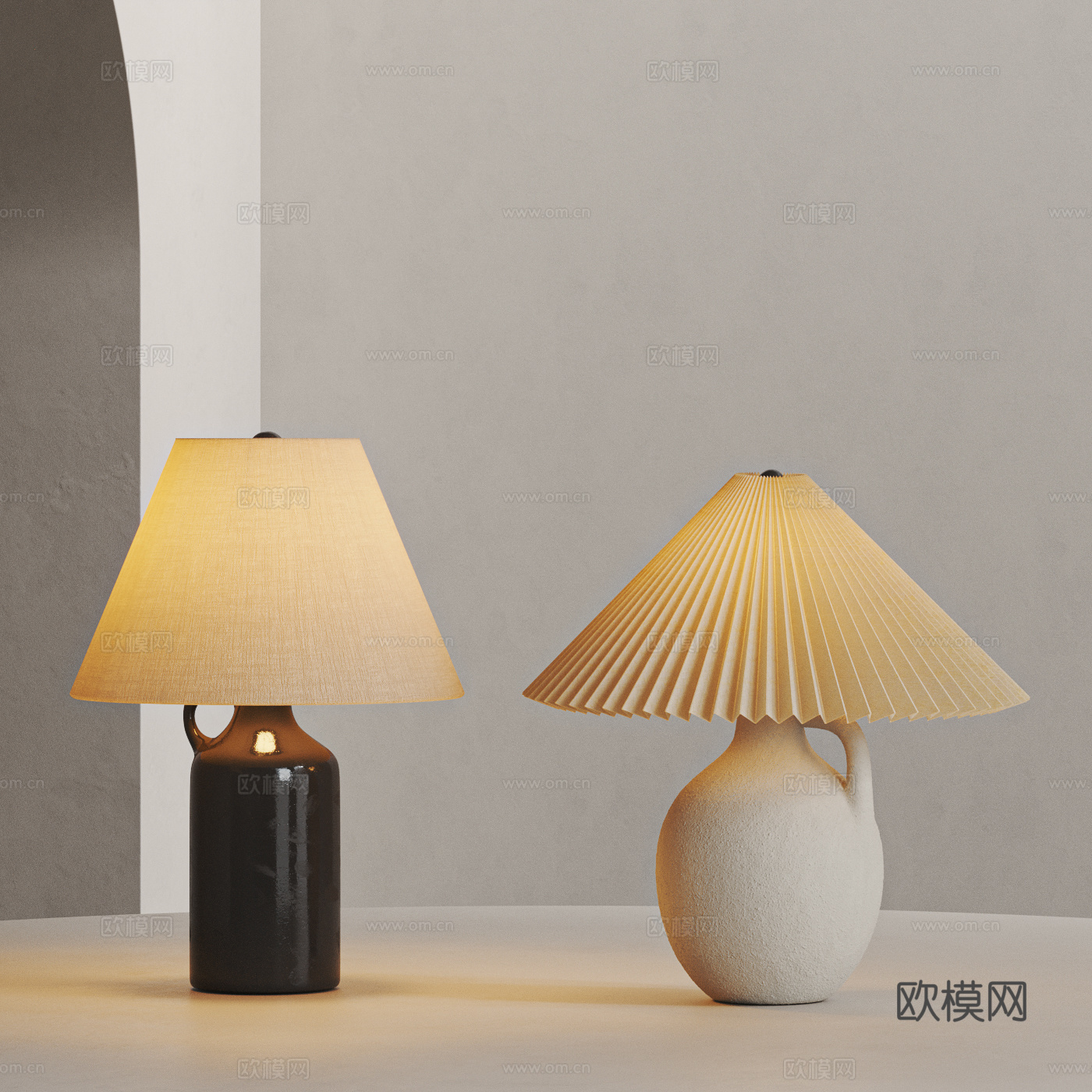 中古风台灯组合 亚麻布艺台灯 百褶台灯 陶罐台灯 奶油风台灯su模型