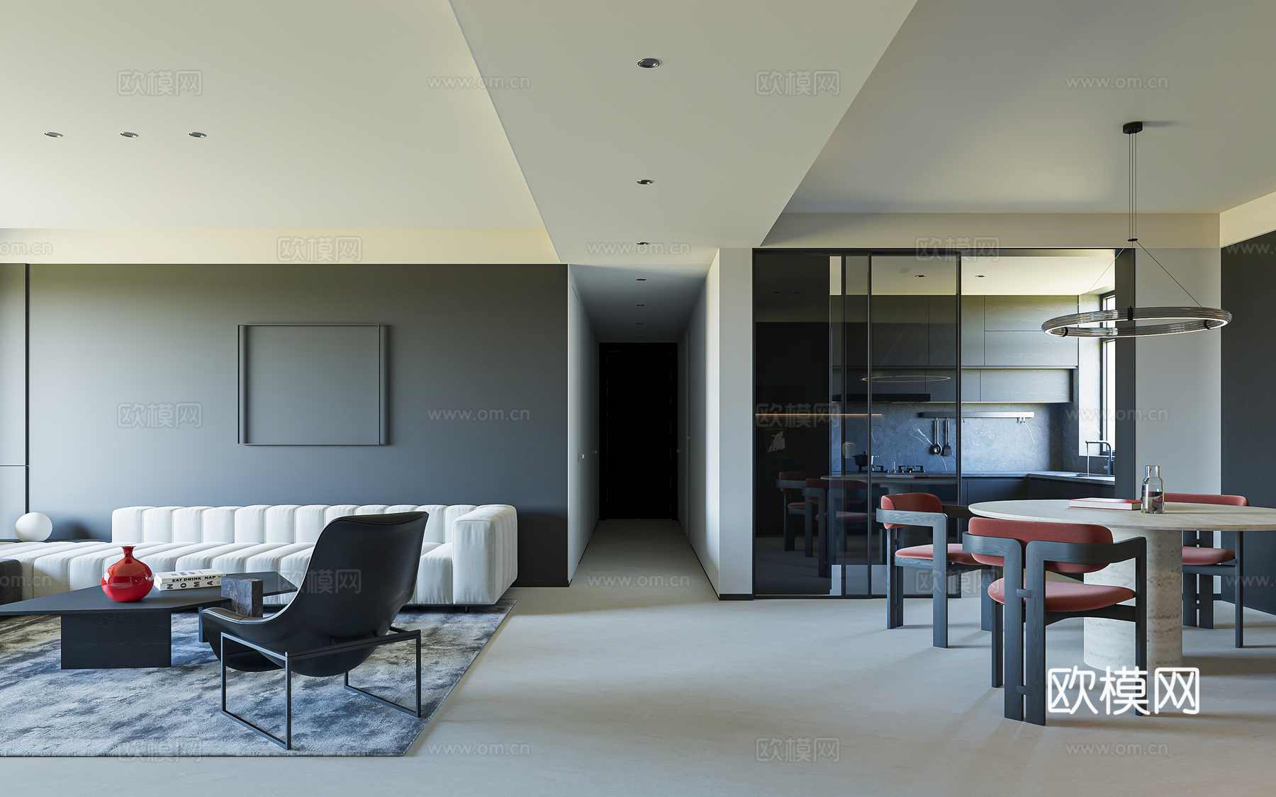 现代意式客餐厅 黑白灰客厅 高级灰大平层 沙发茶几组合 餐桌su模型