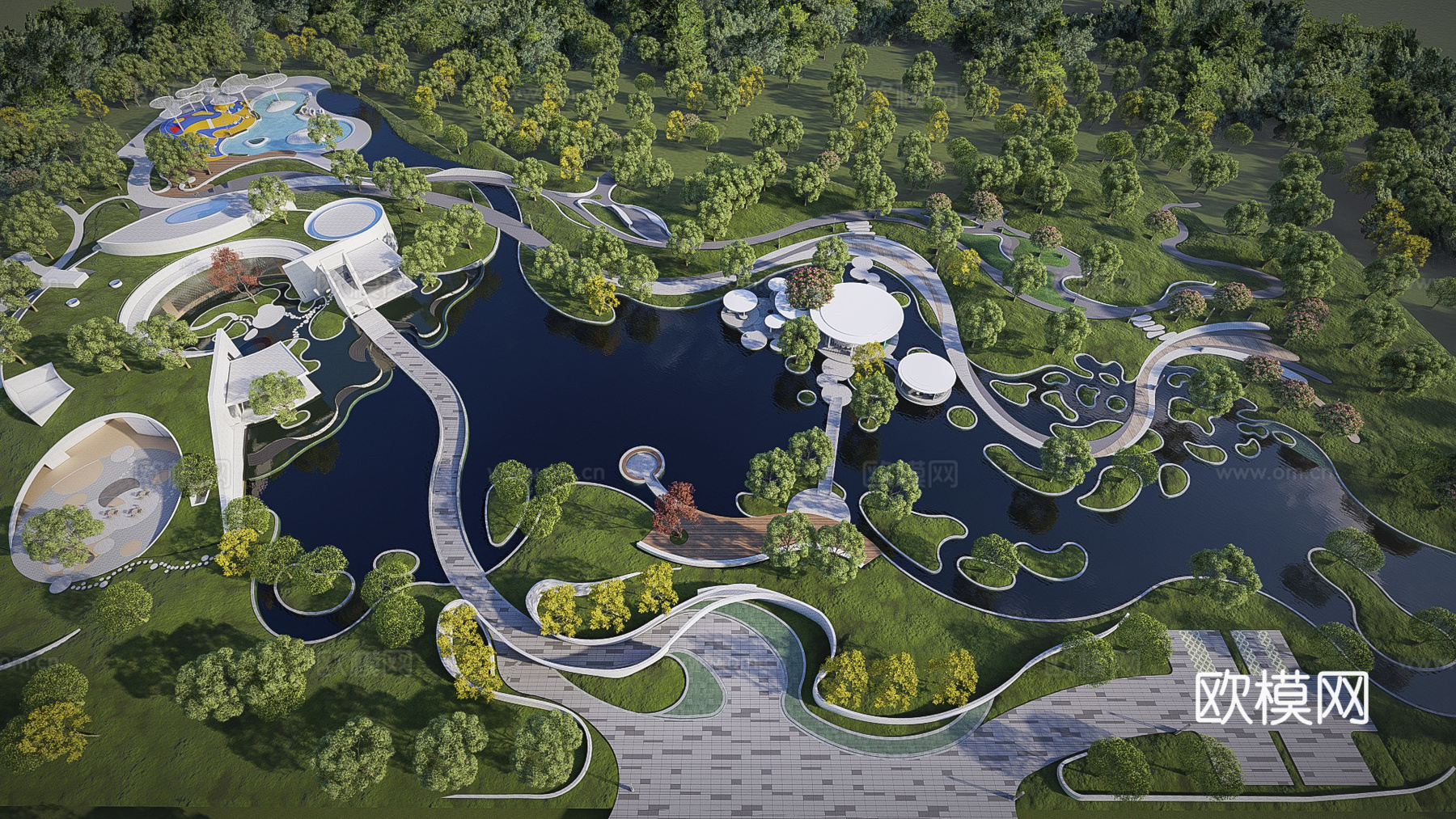 现代滨水景观湿地公园景观免费su模型下载（渲染图1）