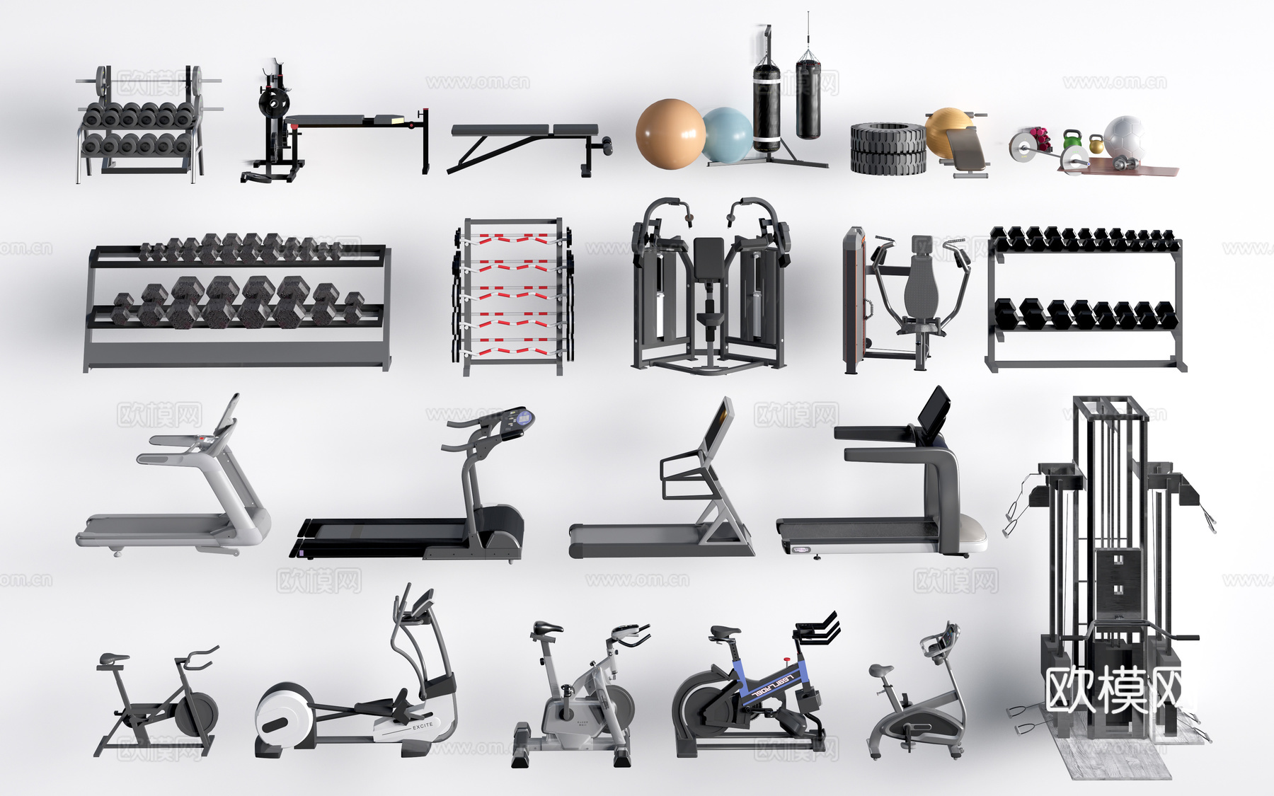 现代健身器材 跑步机 动感单车 运动器械su模型