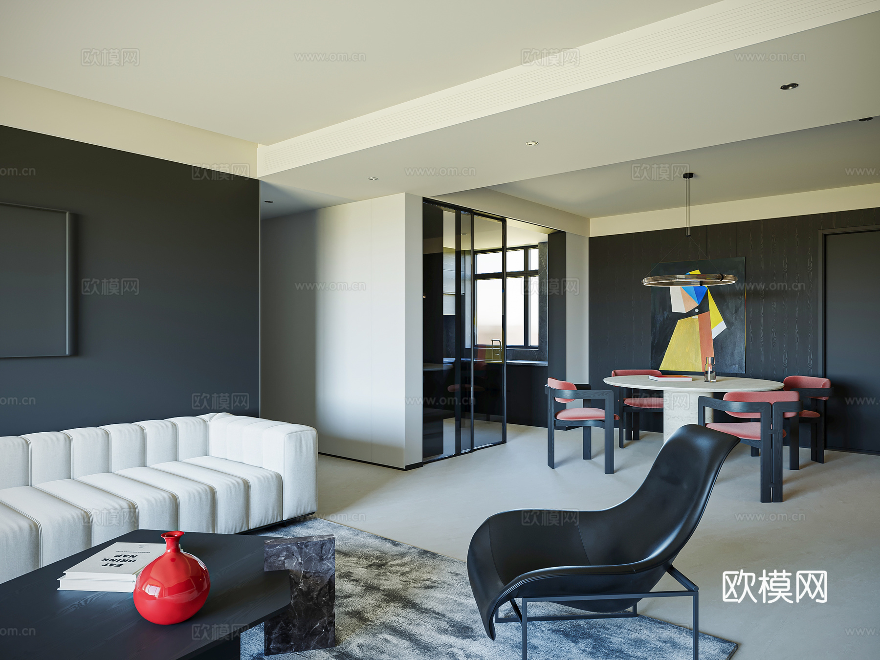 现代意式客餐厅 黑白灰客厅 高级灰大平层 沙发茶几组合 餐桌su模型