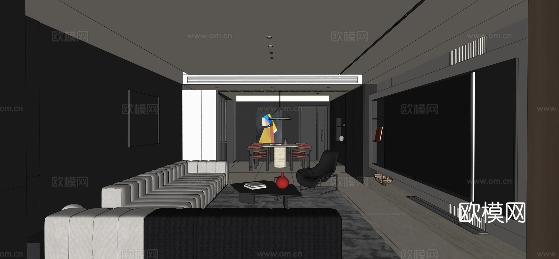 现代意式客餐厅 黑白灰客厅 高级灰大平层 沙发茶几组合 餐桌su模型