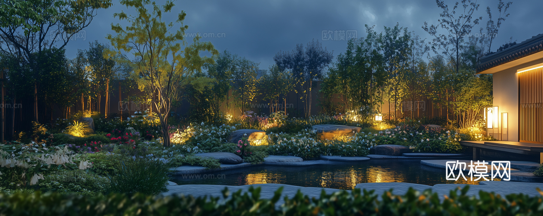 高清园林庭院夜景下载