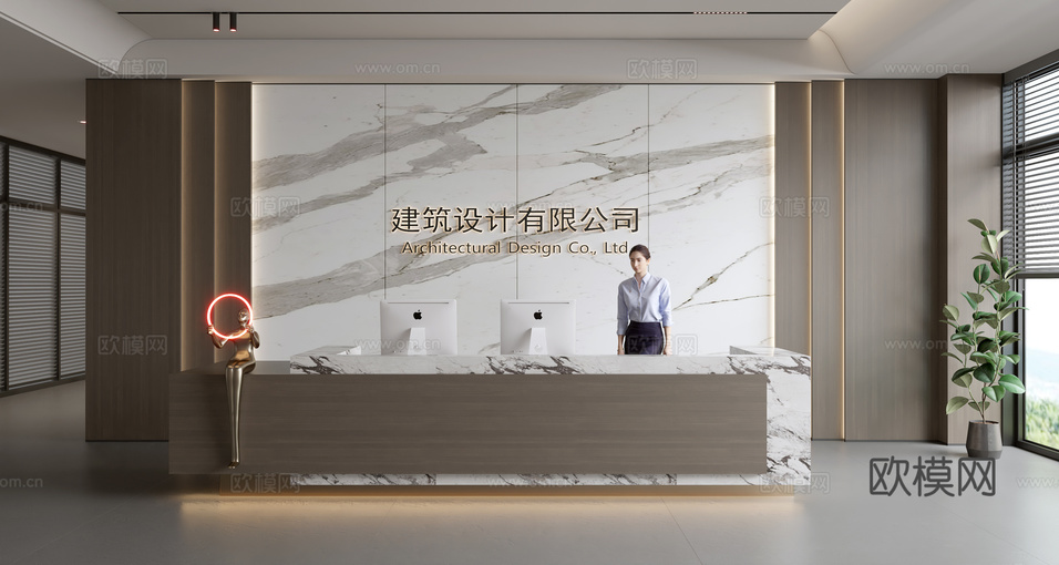 现代公司前台 接待区 吧台 接待台 服务台 公司前台背景3d模型下载