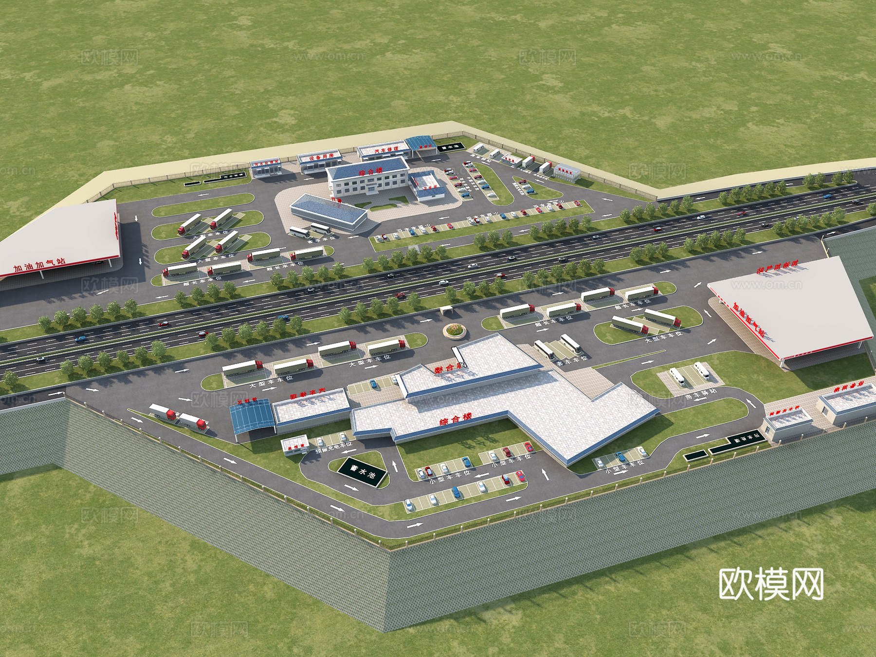 高速服务区 高速洗手间厕所 超市便利店 停车场 游客中心加油su模型