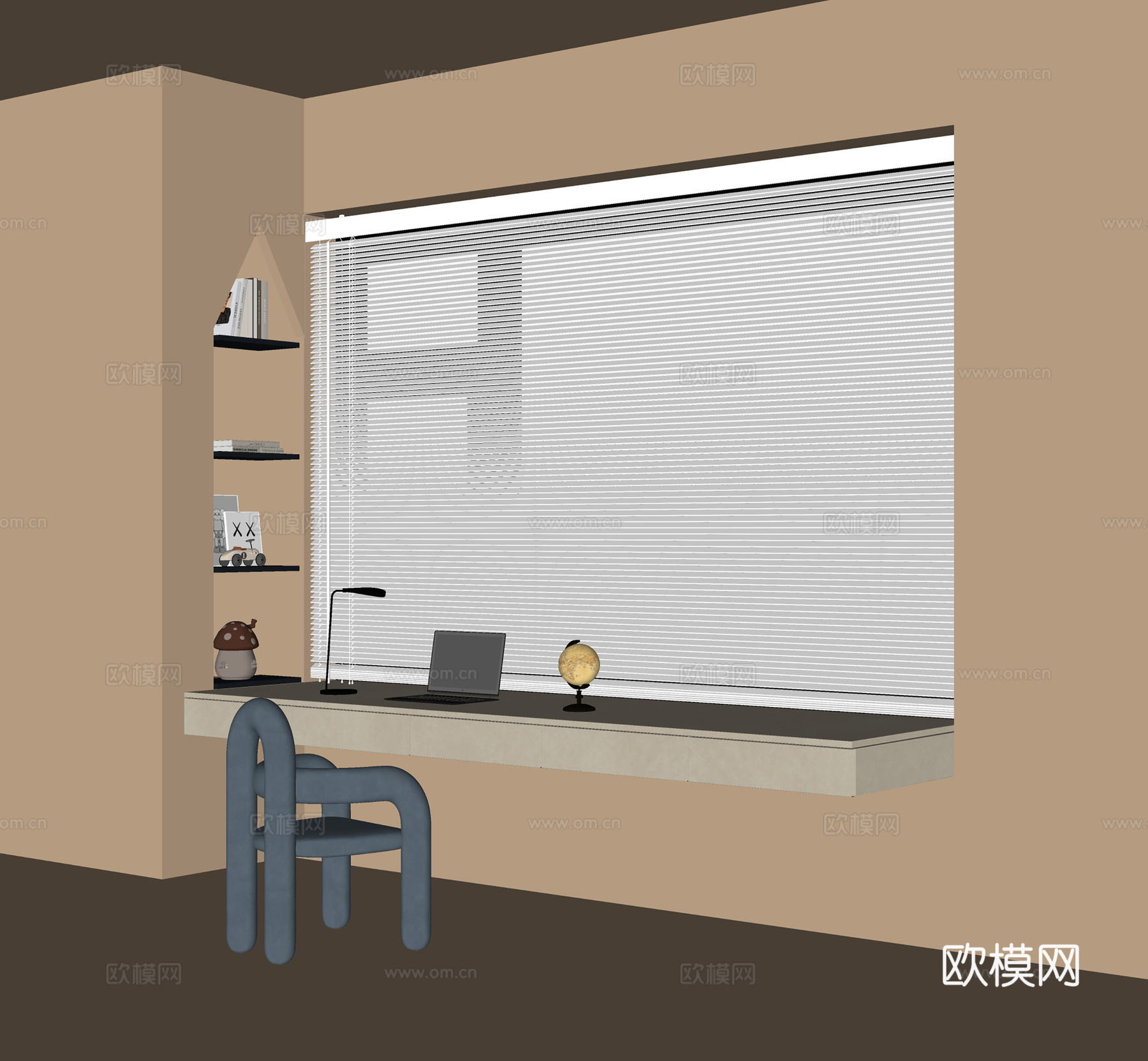 现代悬空书桌椅 百叶帘 儿童房su模型下载（渲染图2）