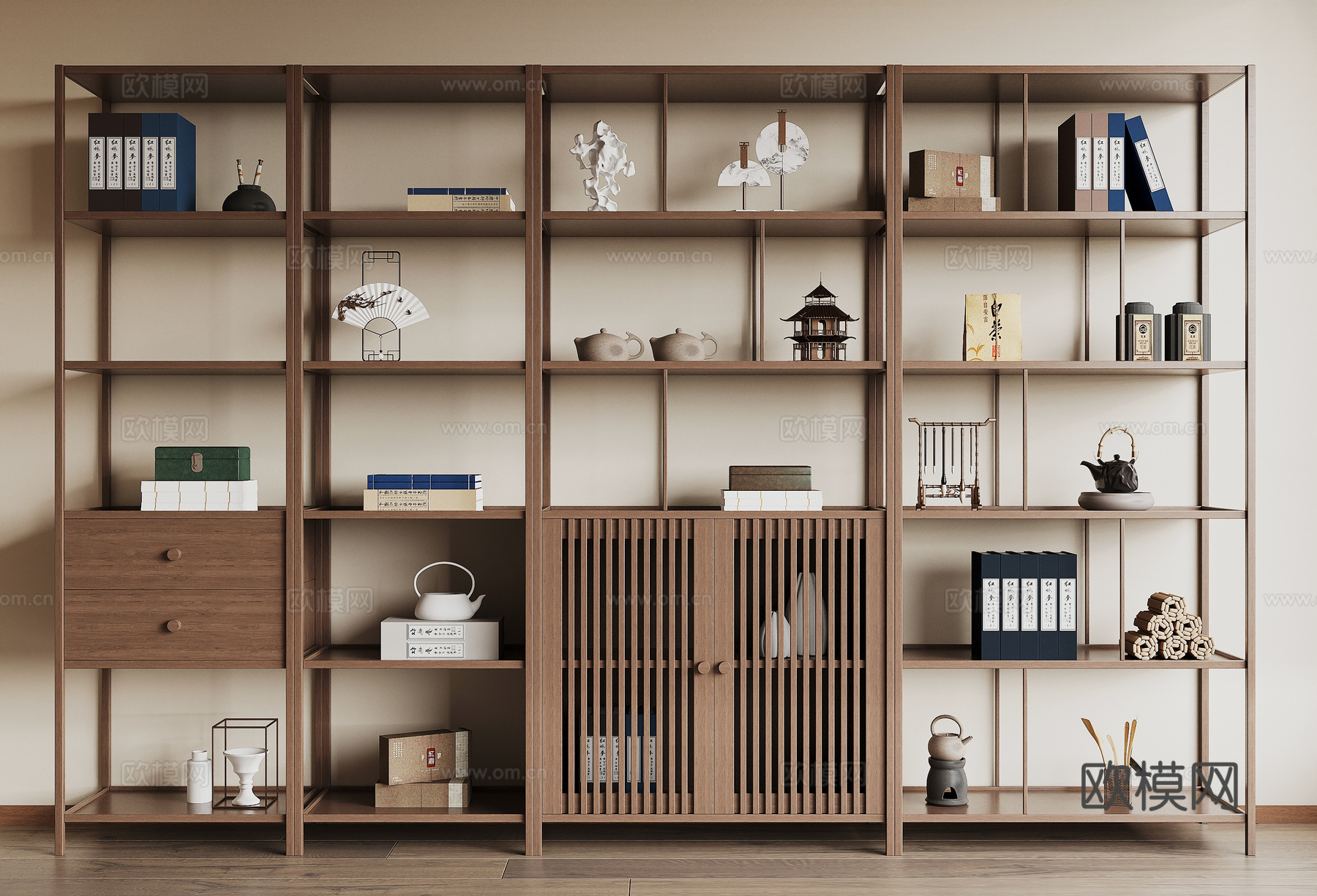 新中式博古架su模型下载（渲染图1）