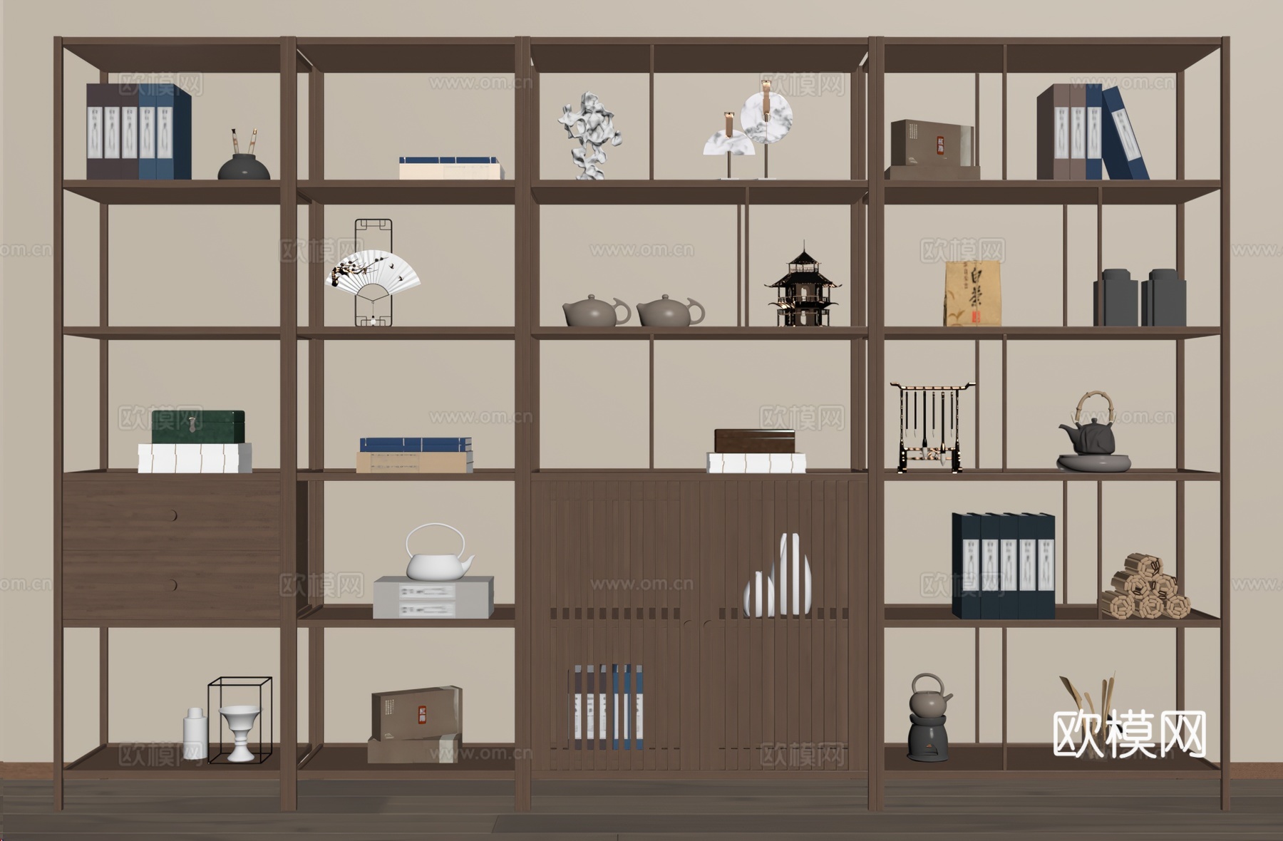 新中式博古架su模型下载（渲染图2）