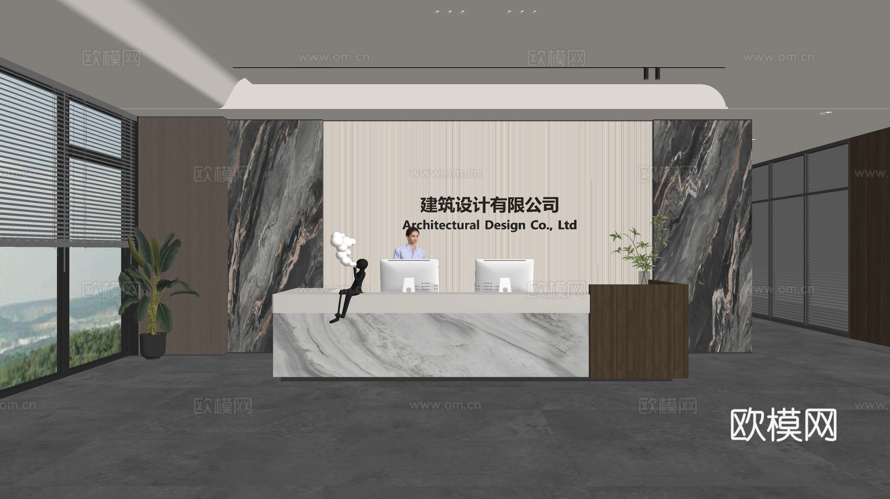 现代公司前台  接待区 吧台  接待台 服务台 公司前台背景su模型下载（渲染图2）