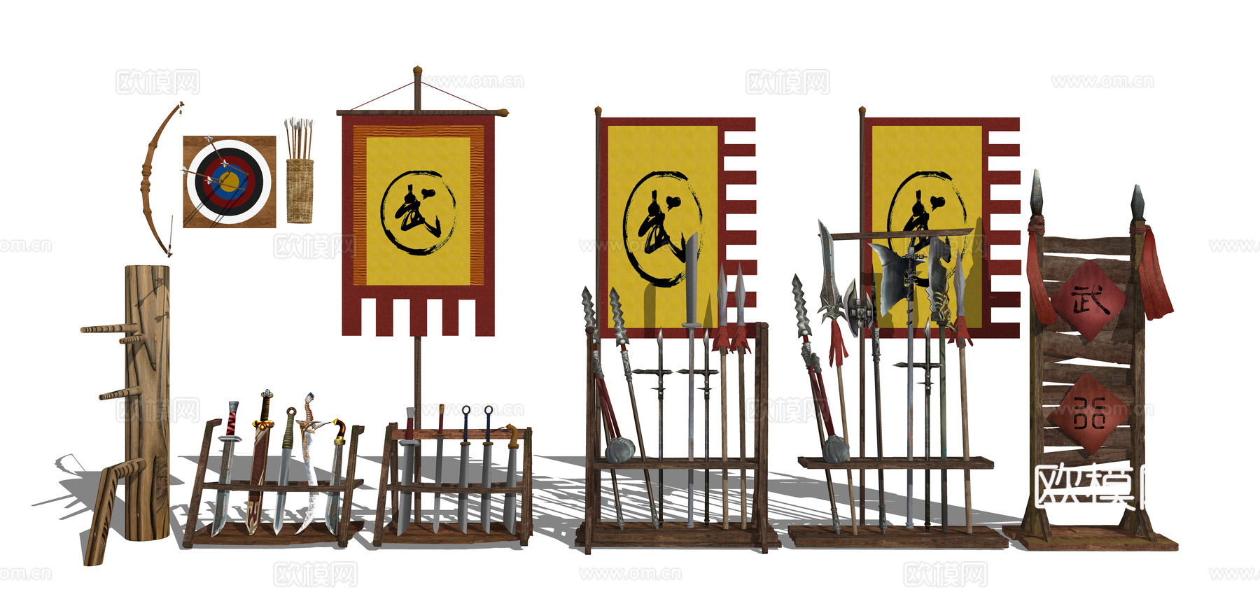 中式军事器材 冷兵器 刀 枪 宝剑 戟 斧头 弓箭 靶心 木su模型下载（渲染图2）