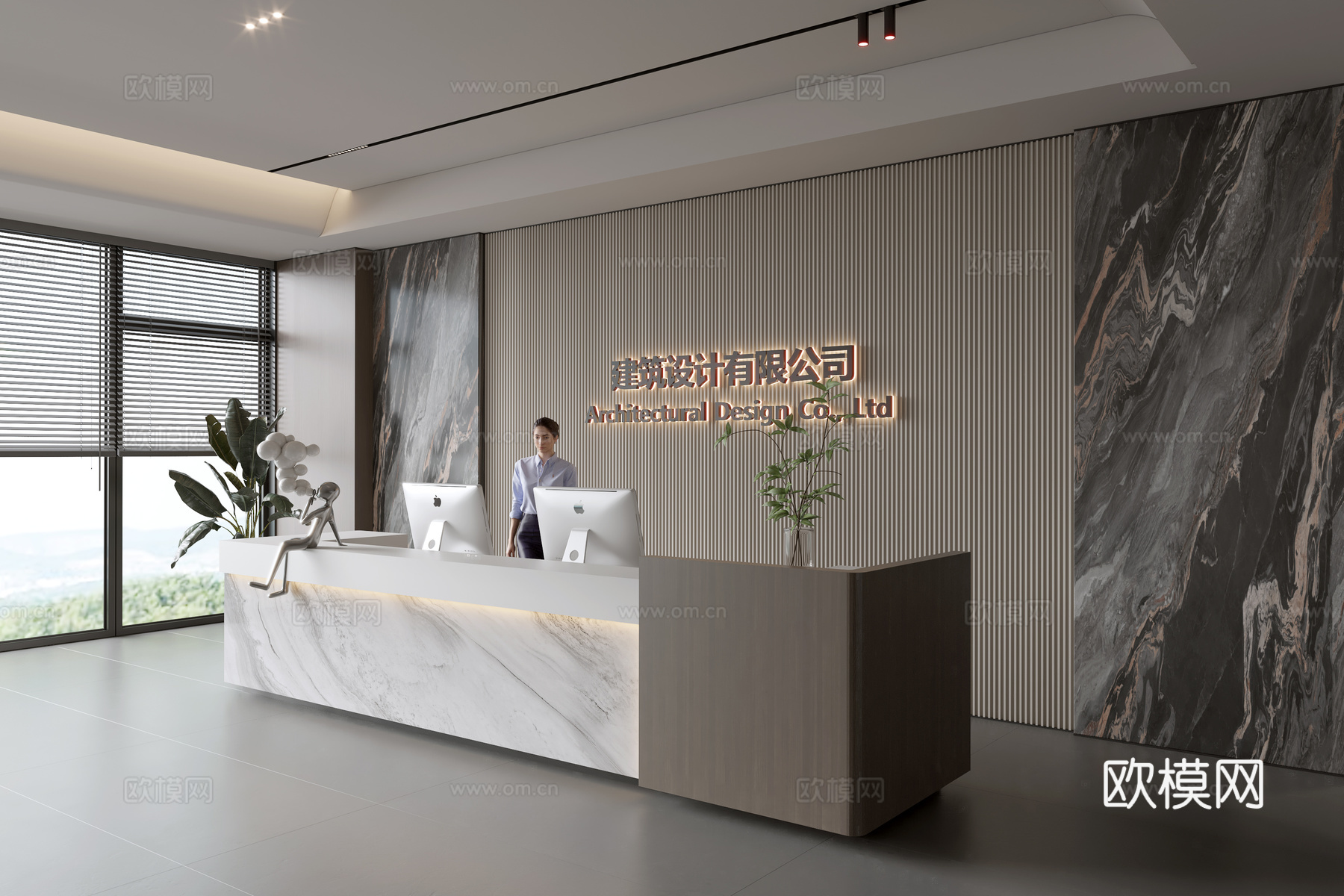 现代公司前台  接待区 吧台  接待台 服务台 公司前台背景su模型下载（渲染图1）