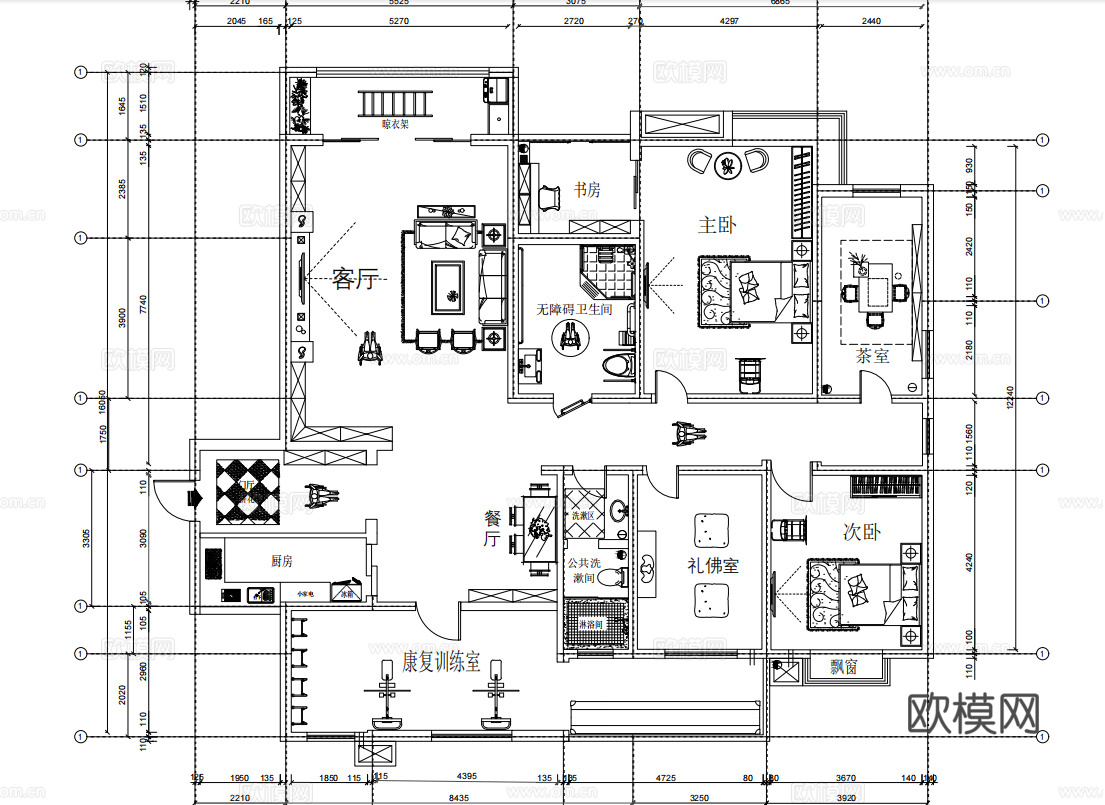 适老化平面布局图  老年人居住空间设计cad施工图