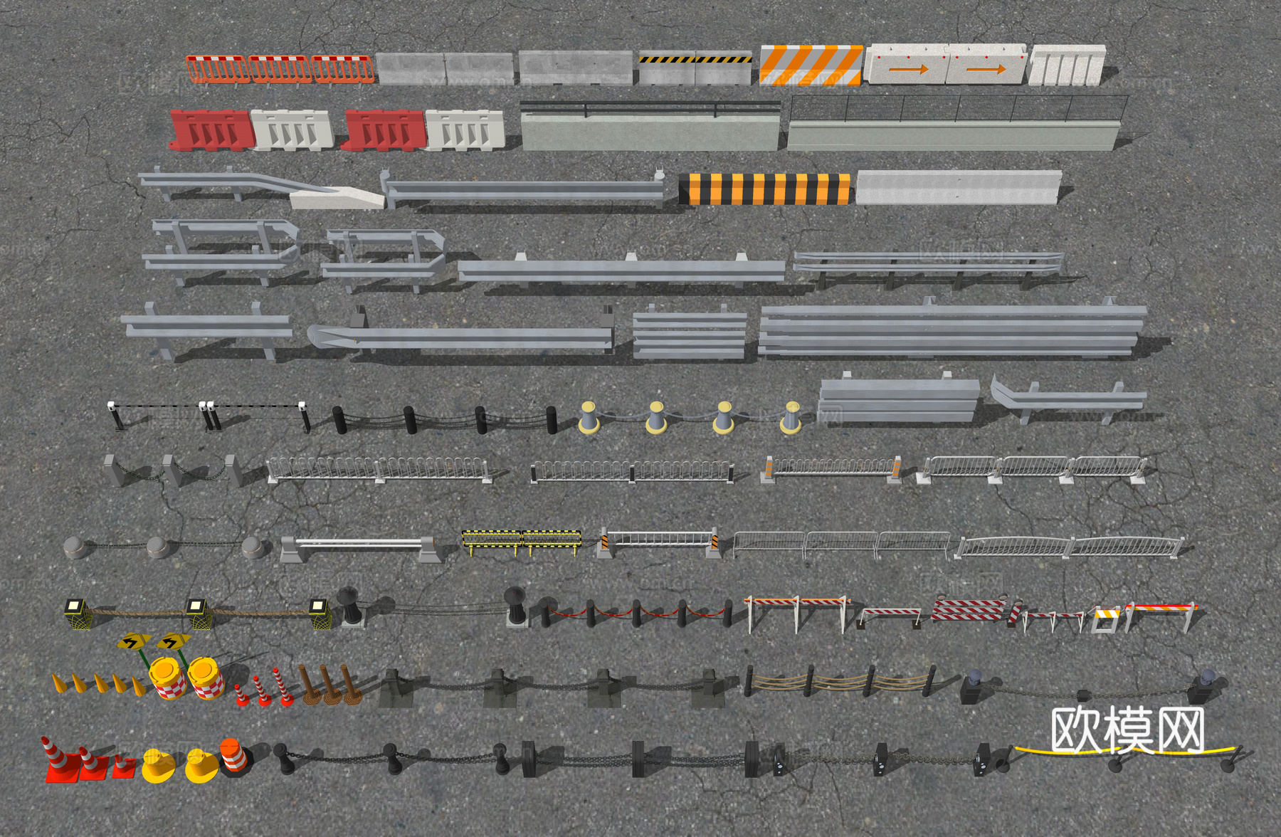 现代道路交通设施 施工栏杆路障隔离栏 道路护栏警戒线 移动道su模型下载（渲染图3）