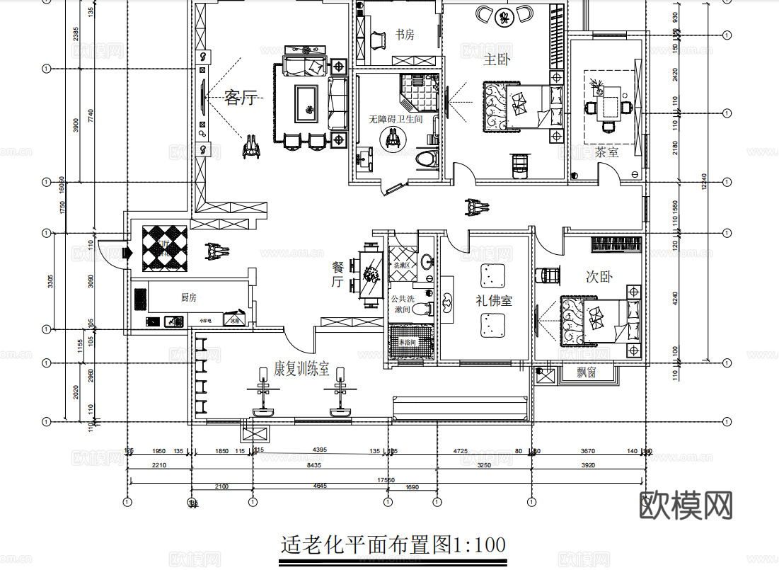 适老化平面布局图  老年人居住空间设计cad施工图