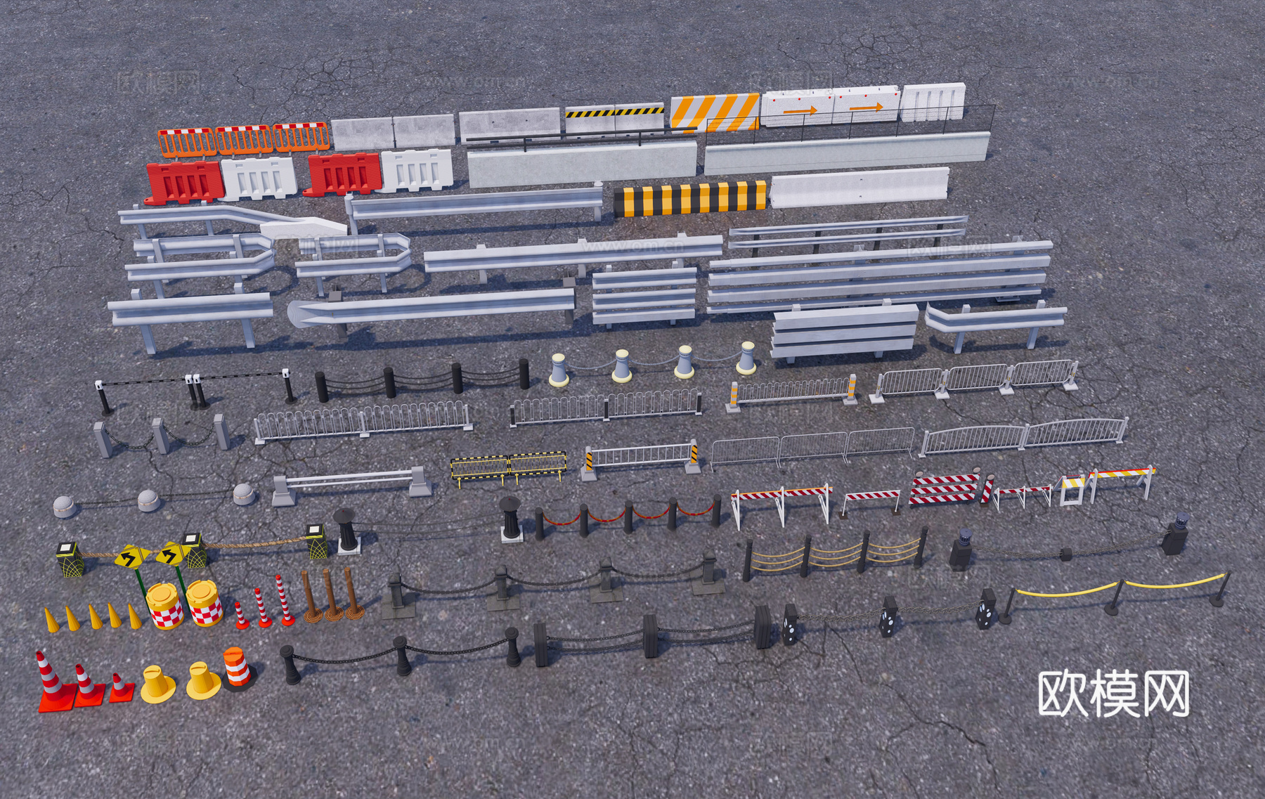 现代道路交通设施 施工栏杆路障隔离栏 道路护栏警戒线 移动道su模型下载（渲染图2）