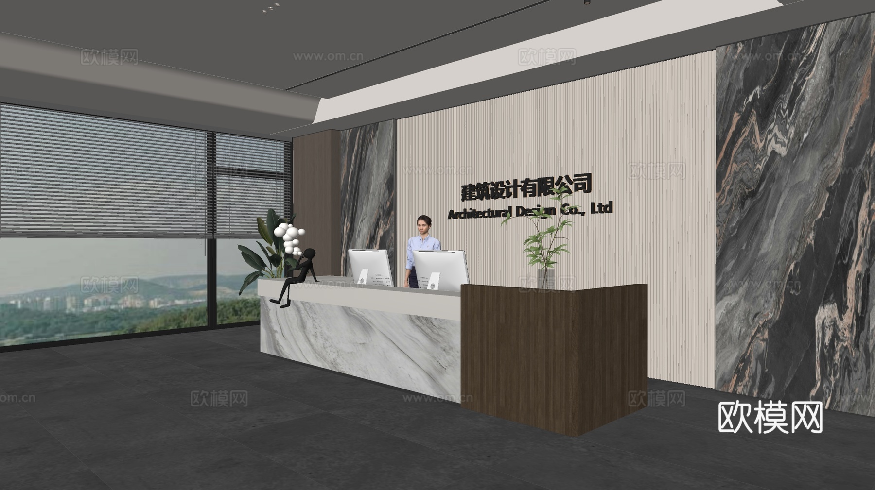现代公司前台  接待区 吧台  接待台 服务台 公司前台背景su模型下载（渲染图2）