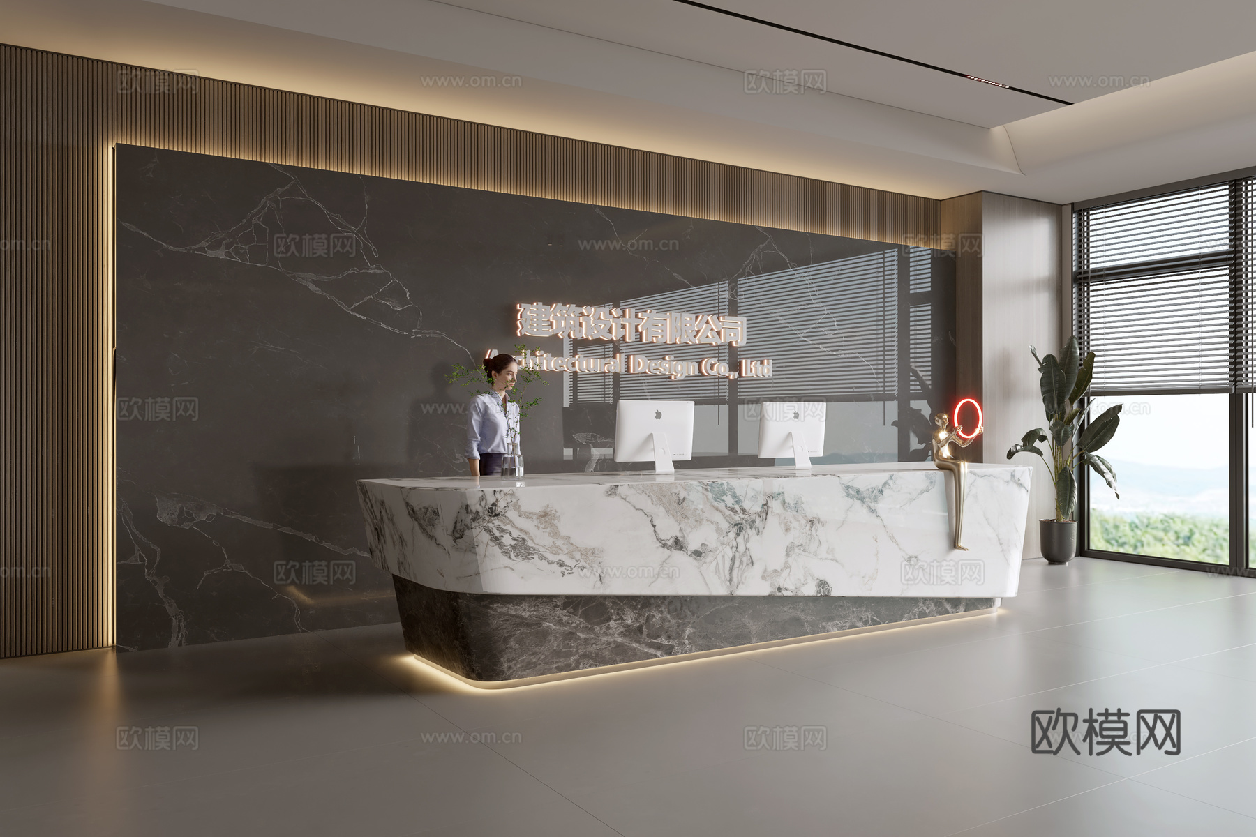 现代公司前台  接待区 吧台  接待台 服务台 公司前台背景3d模型下载