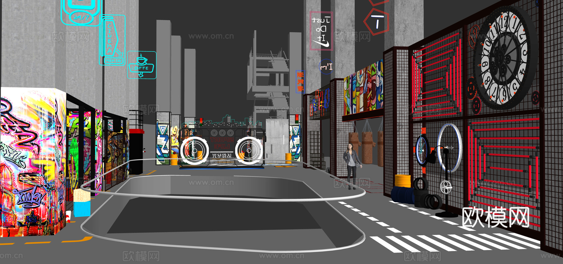 现代嘻哈街区 涂鸦景墙 氛围灯霓虹灯美陈 赛博朋克展厅 滑板su模型