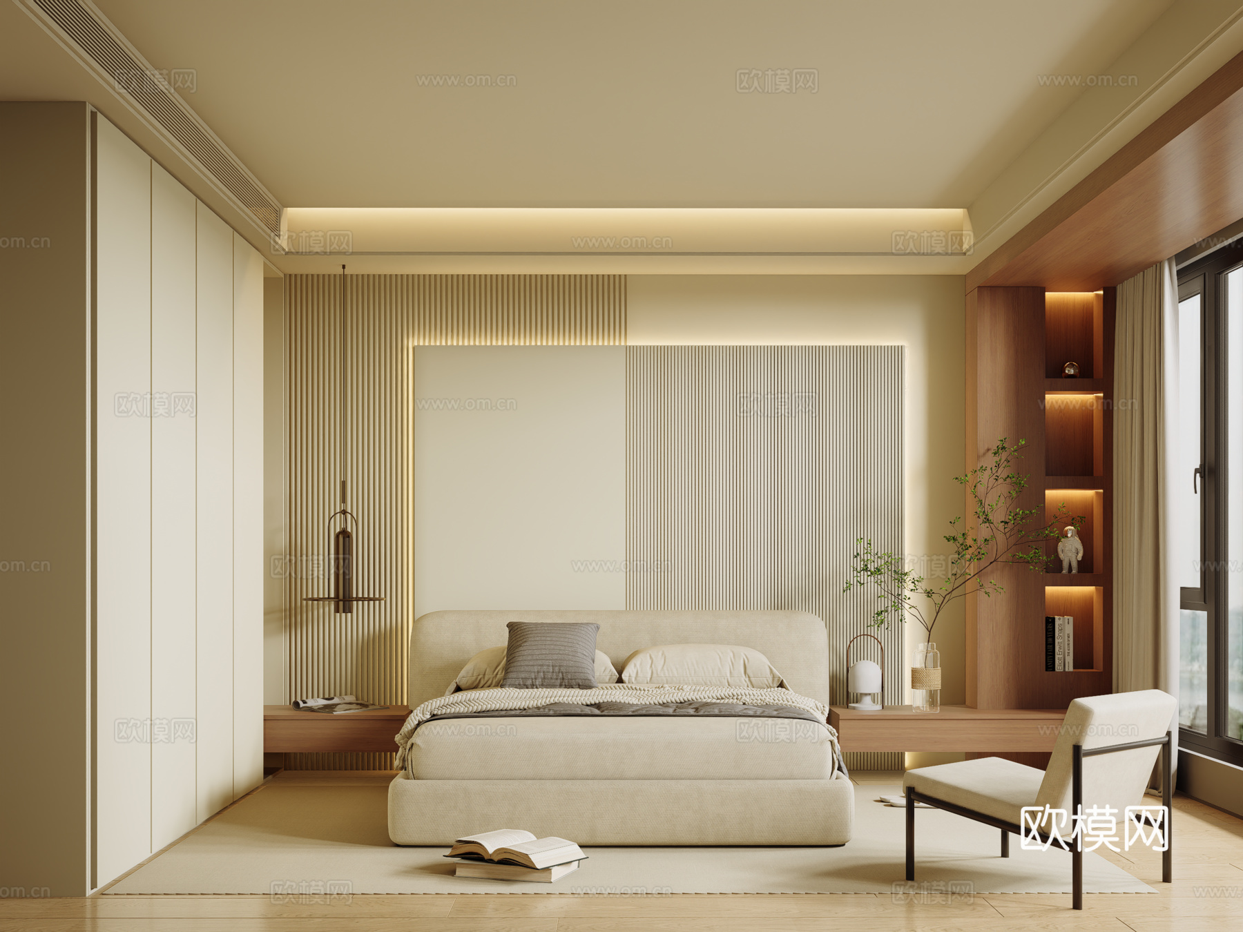 现代奶油家居卧室 主卧 无主灯卧室3d模型