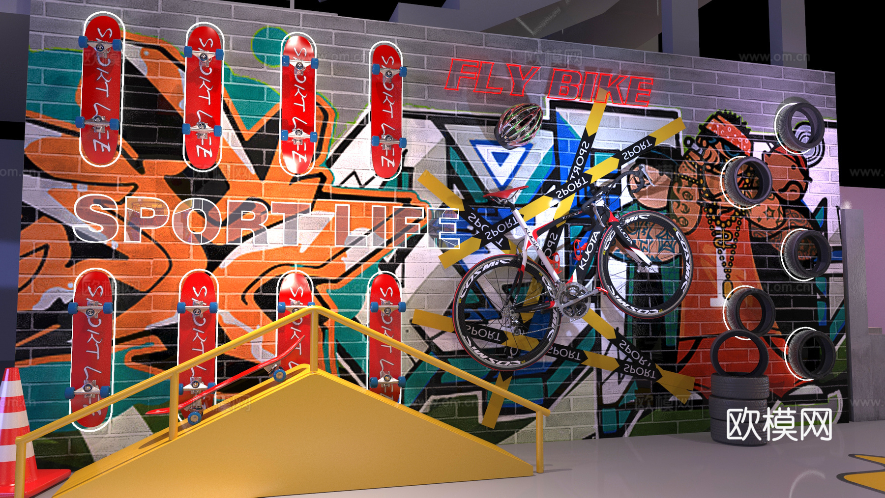 现代嘻哈街区 涂鸦景墙 氛围灯霓虹灯美陈 赛博朋克展厅 滑板su模型