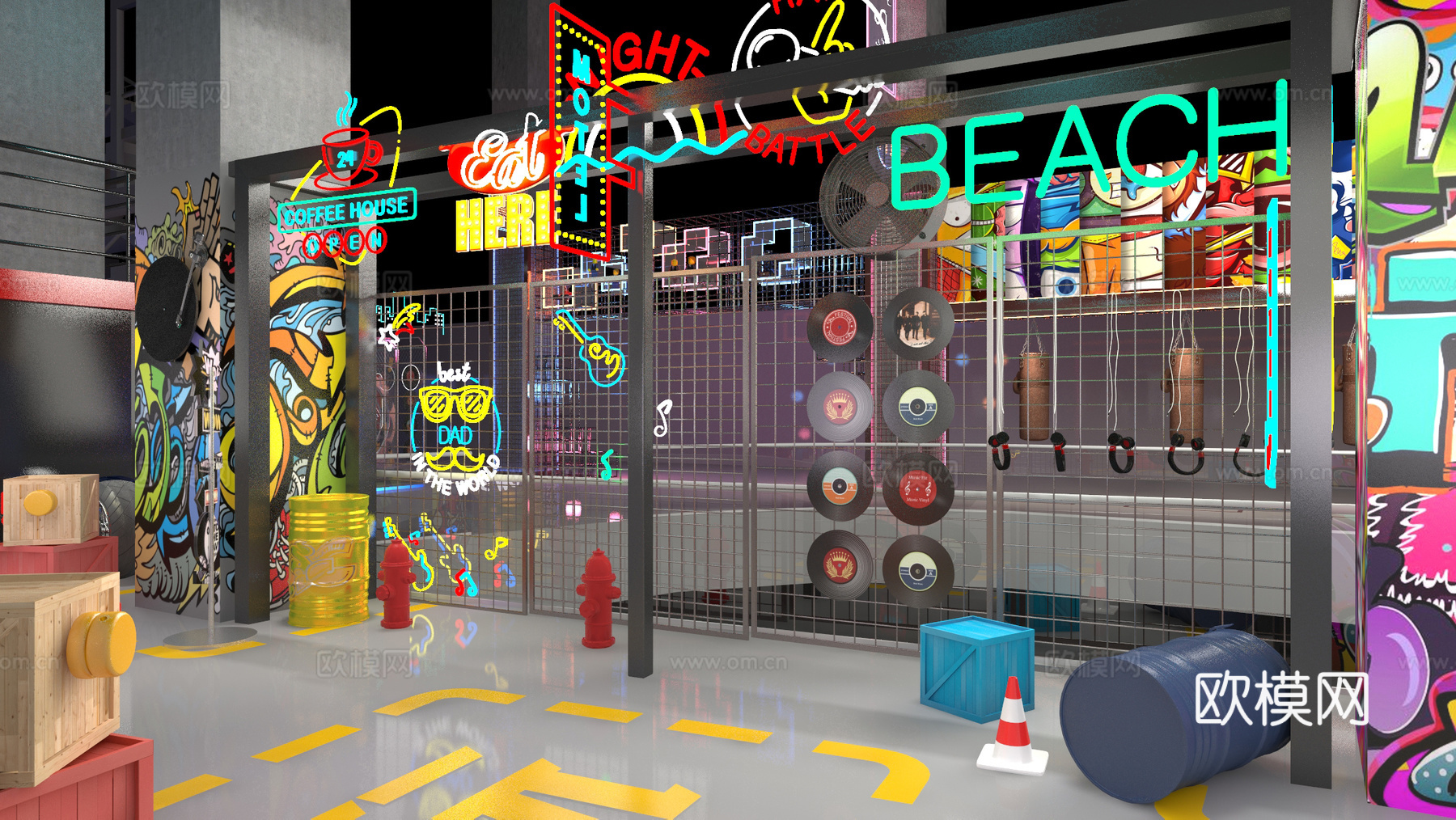现代嘻哈街区 涂鸦景墙 氛围灯霓虹灯美陈 赛博朋克展厅 滑板su模型