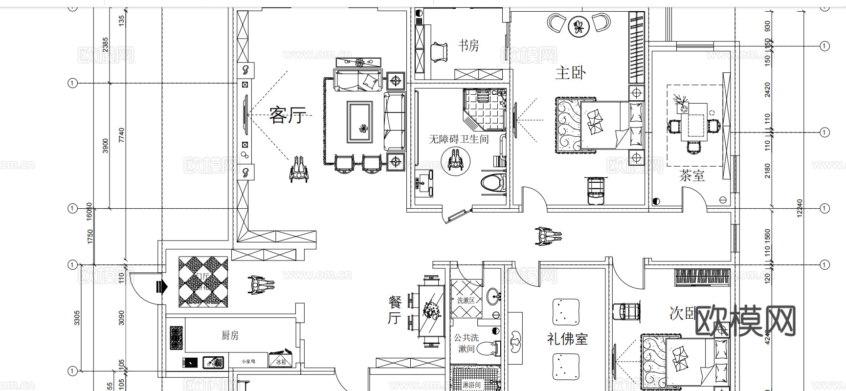 适老化平面布局图  老年人居住空间设计cad施工图