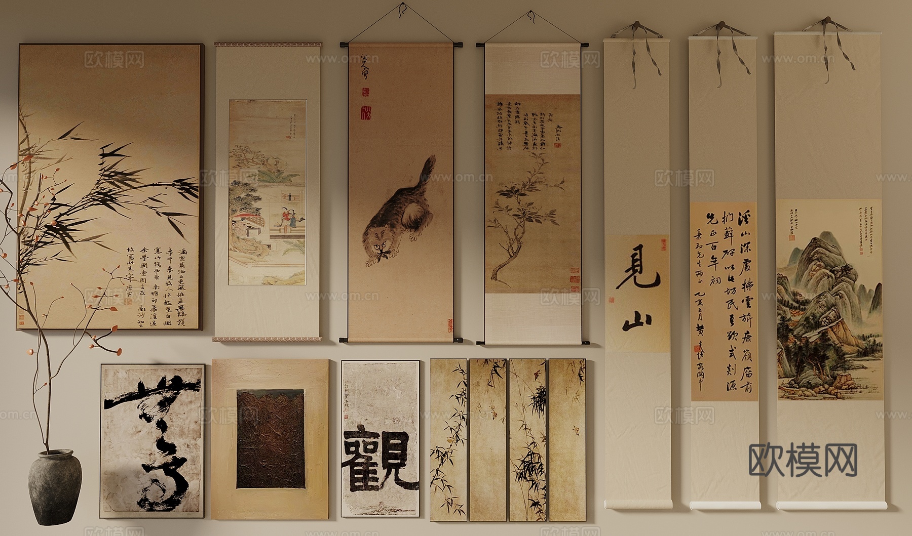 宋式新中风挂画 山水画 水墨画 字画 书法3d模型