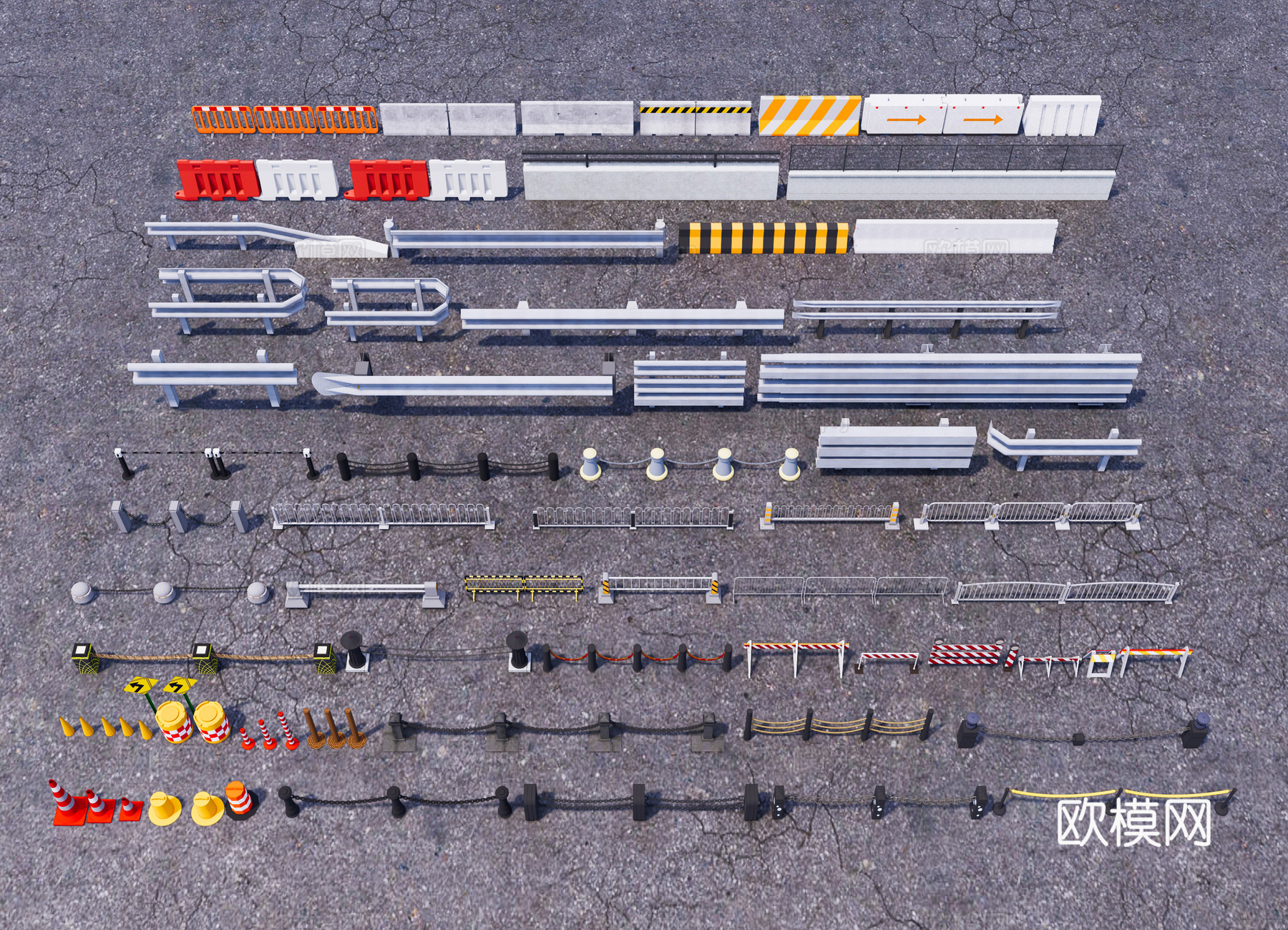 现代道路交通设施 施工栏杆路障隔离栏 道路护栏警戒线 移动道su模型下载（渲染图1）