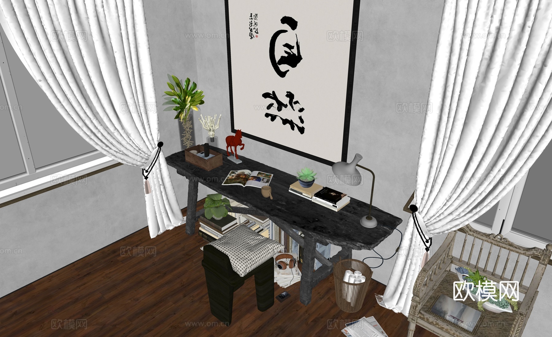 复古做旧书桌椅 挂画 台灯 书籍su模型