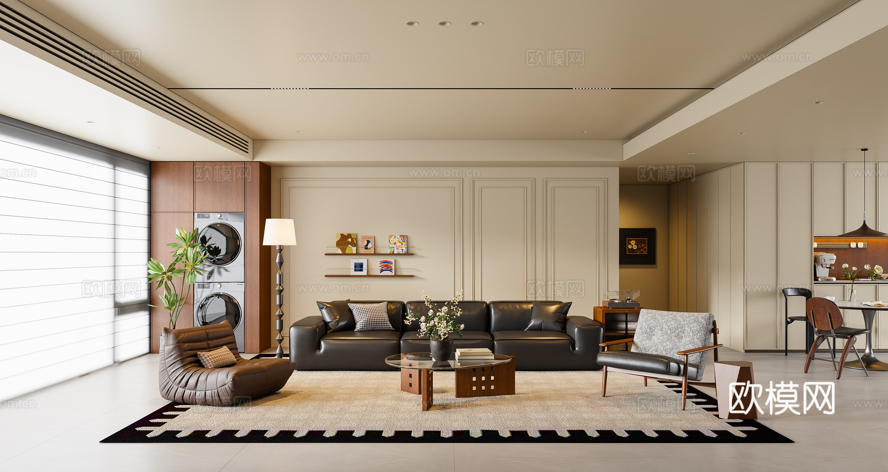 现代中古风客餐厅 沙发茶几 餐桌椅 餐边柜 吊灯 落地灯su模型下载（渲染图1）