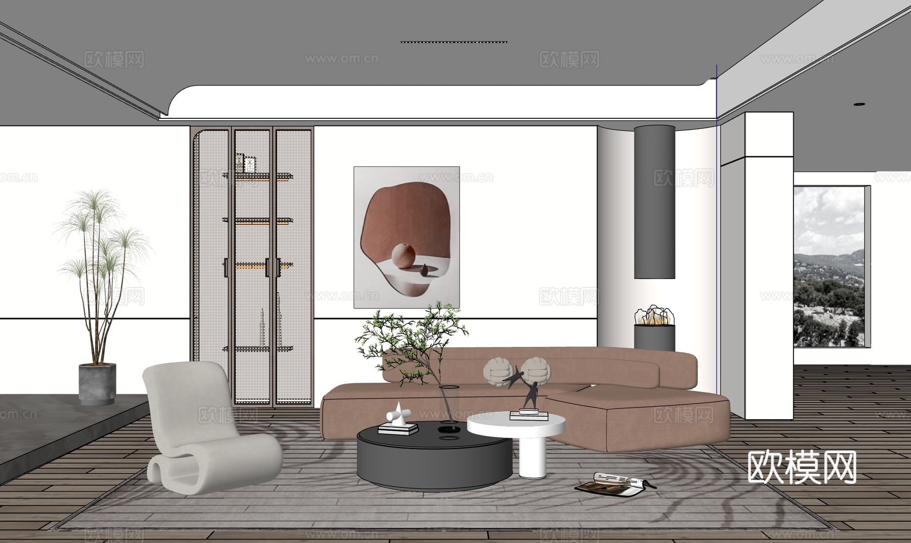 现代客厅_沙发茶几组合_休闲椅_多人沙发_壁炉_绿植盆栽su模型