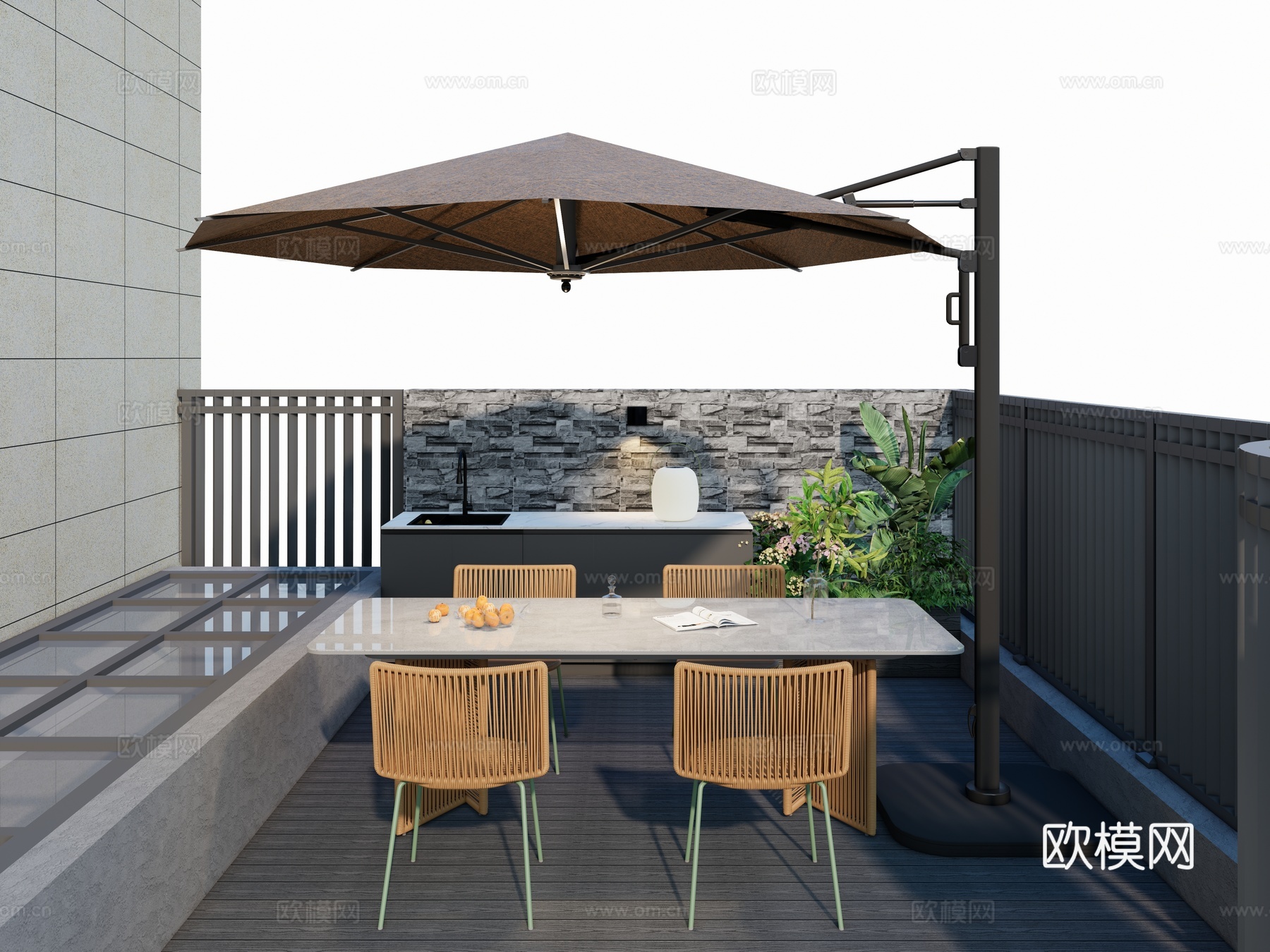 现代侘寂风 户外庭院花园家具 一桌四椅 岩板大理石餐桌 水吧su模型