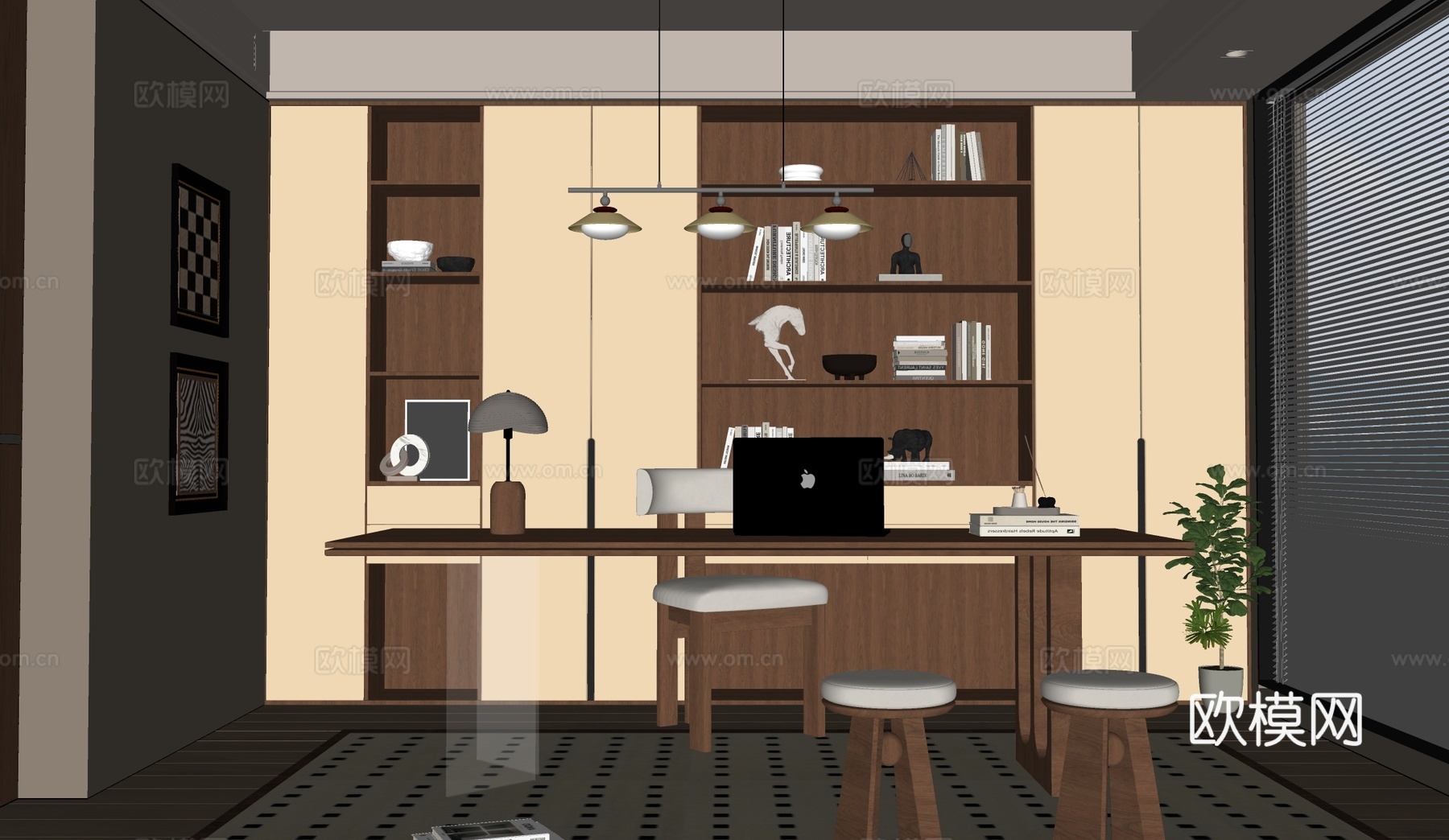 现代中古风书房 书桌椅 书柜 中古风吊灯su模型