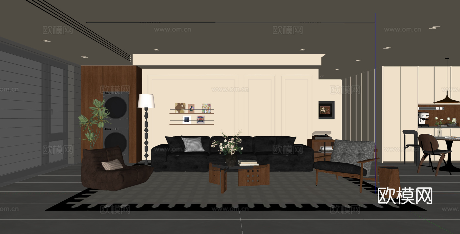 现代中古风客餐厅 沙发茶几 餐桌椅 餐边柜 吊灯 落地灯su模型下载（渲染图2）