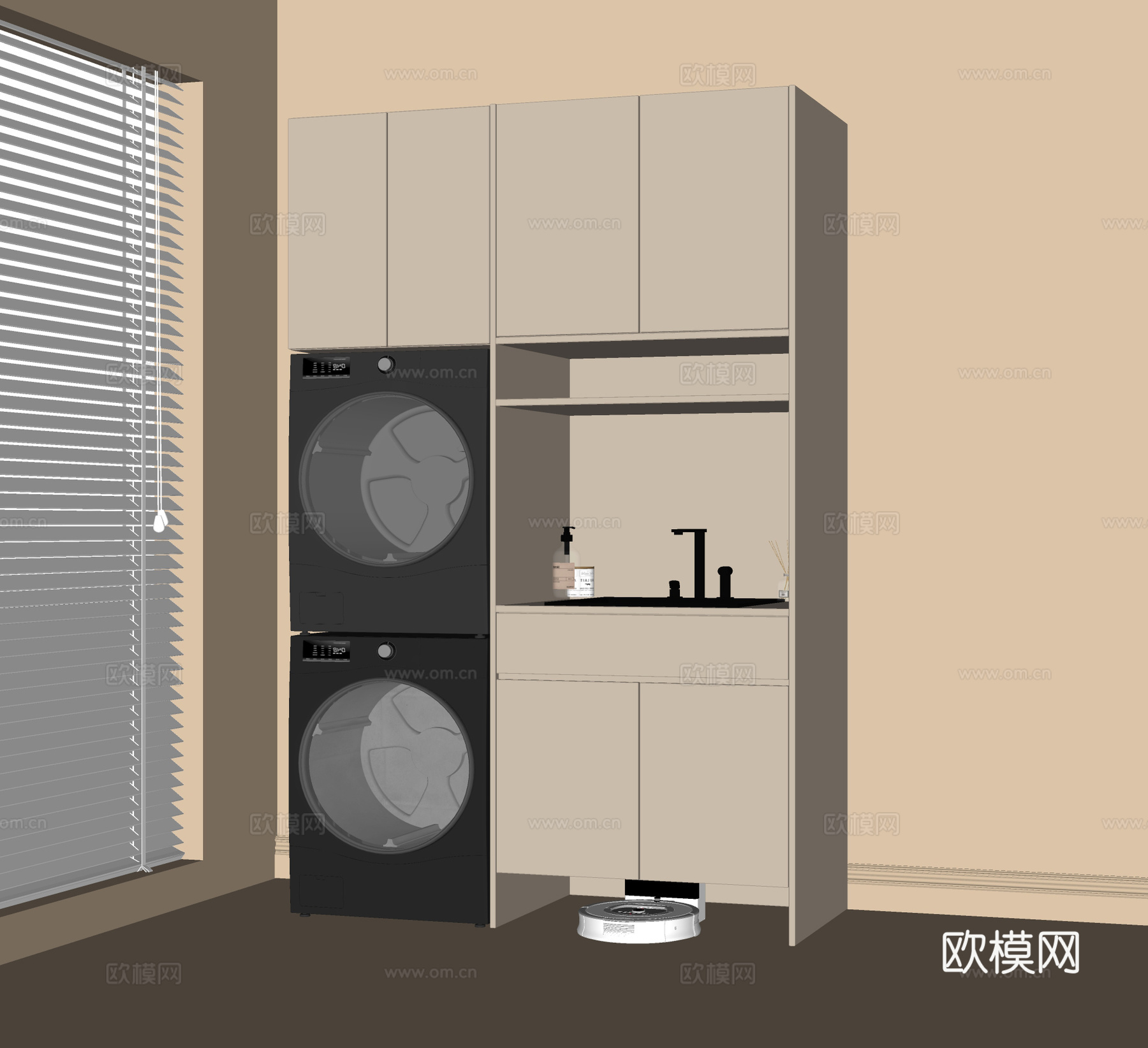 现代洗衣机柜 阳台柜 洗衣机烘干机su模型
